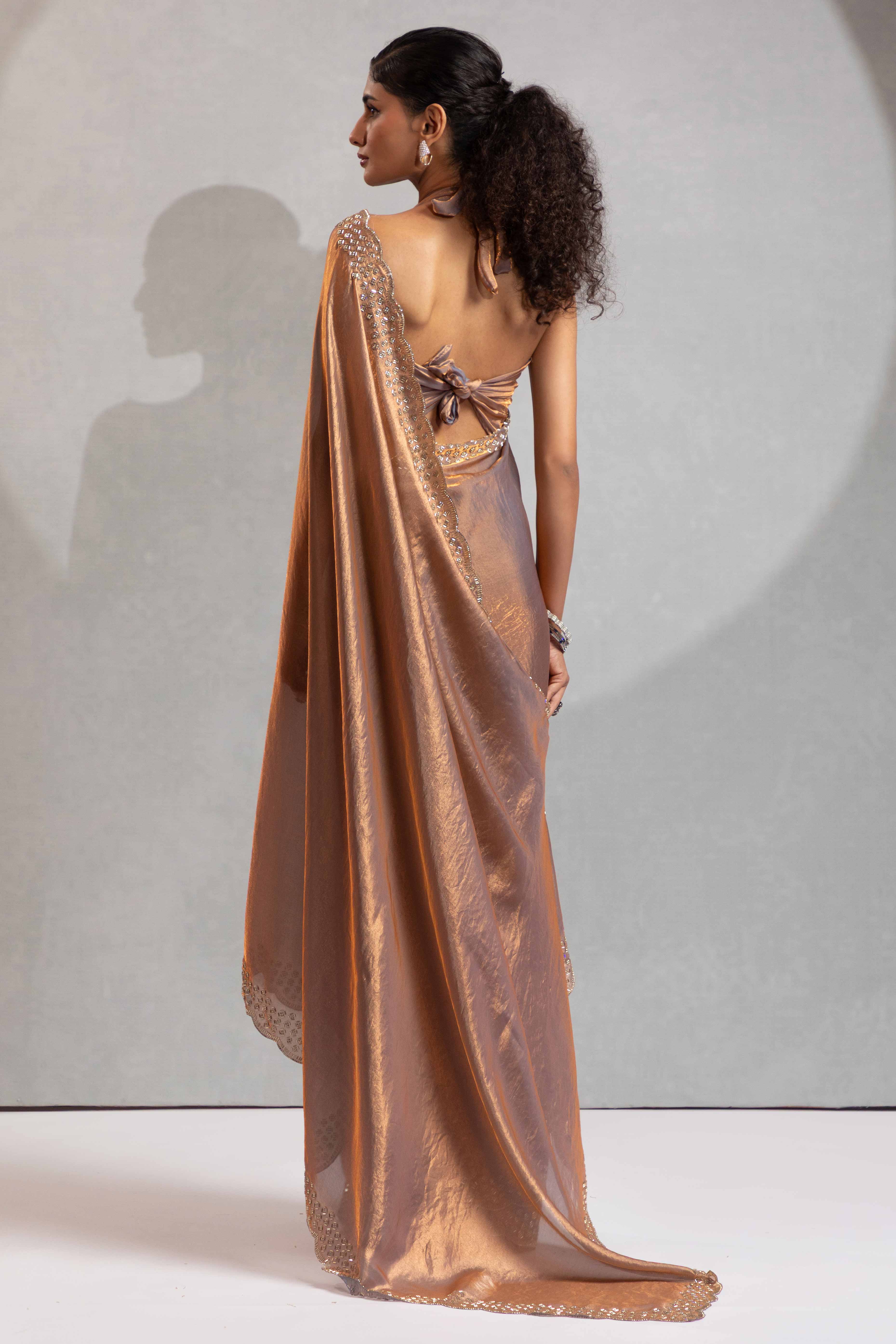 Brown Satin Saree with Glamorous Stone Embellishment