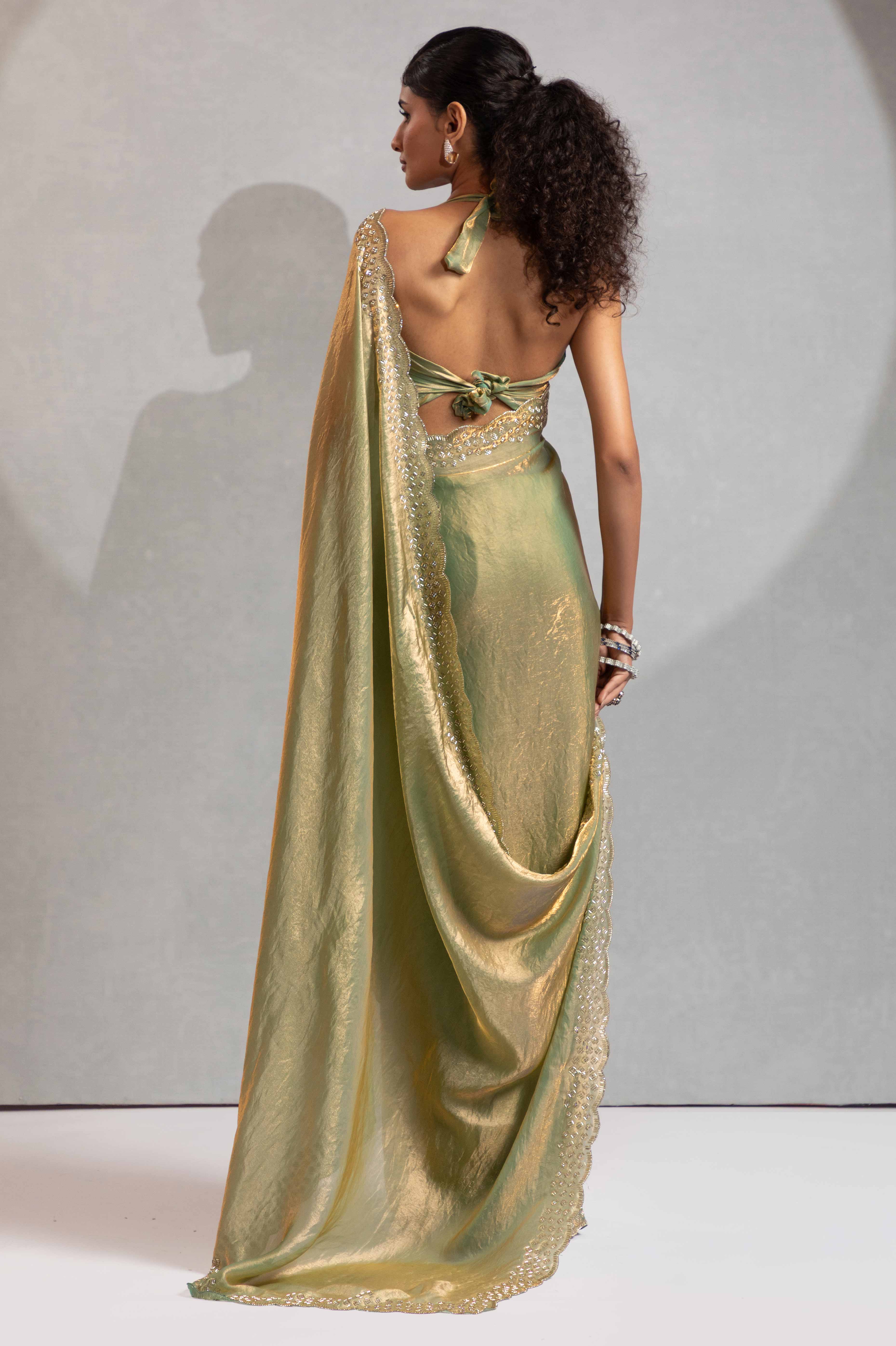 Pista Green Satin Saree with Glamorous Stone Embellishment