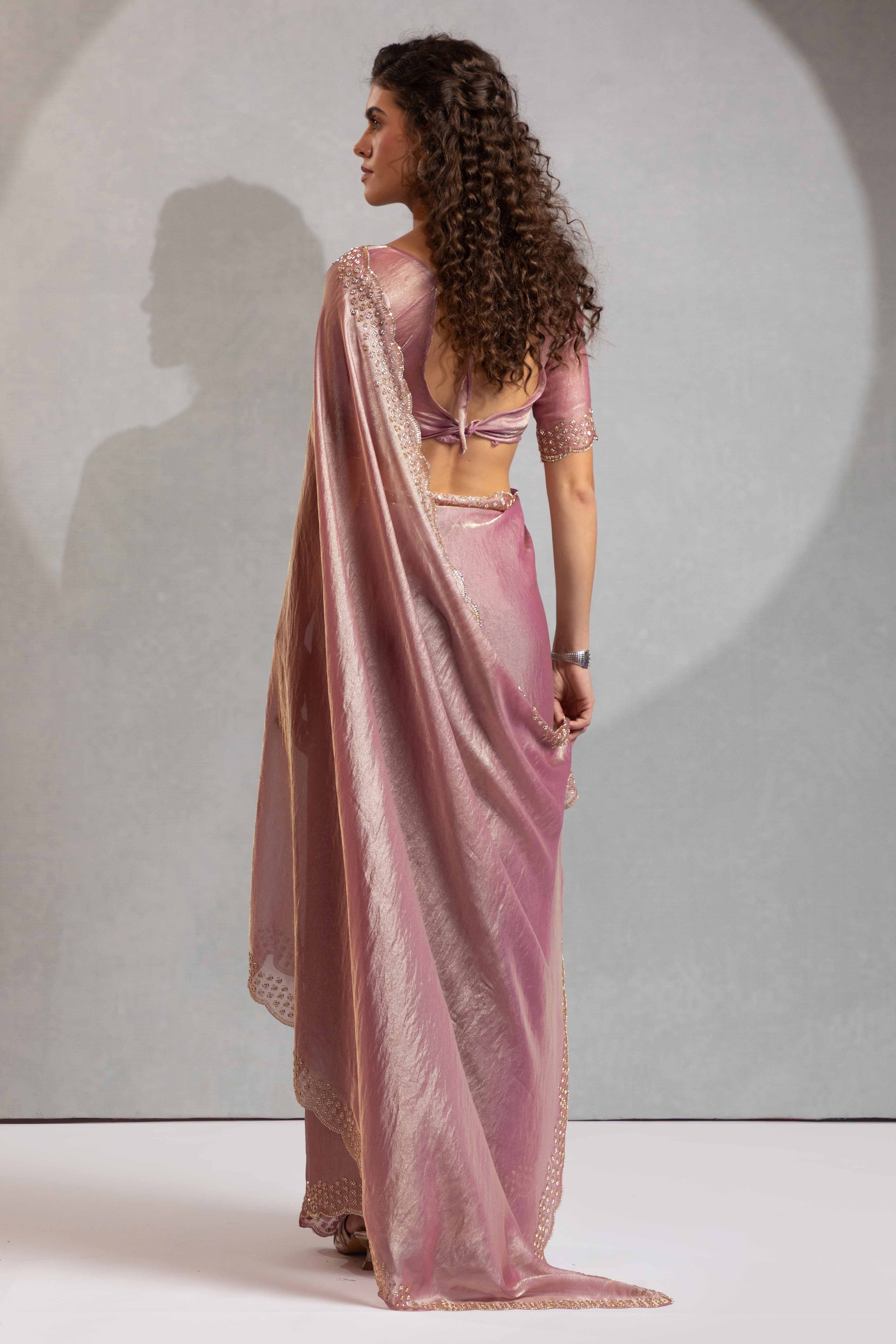 Baby Pink Satin Saree with Glamorous Stone Embellishment