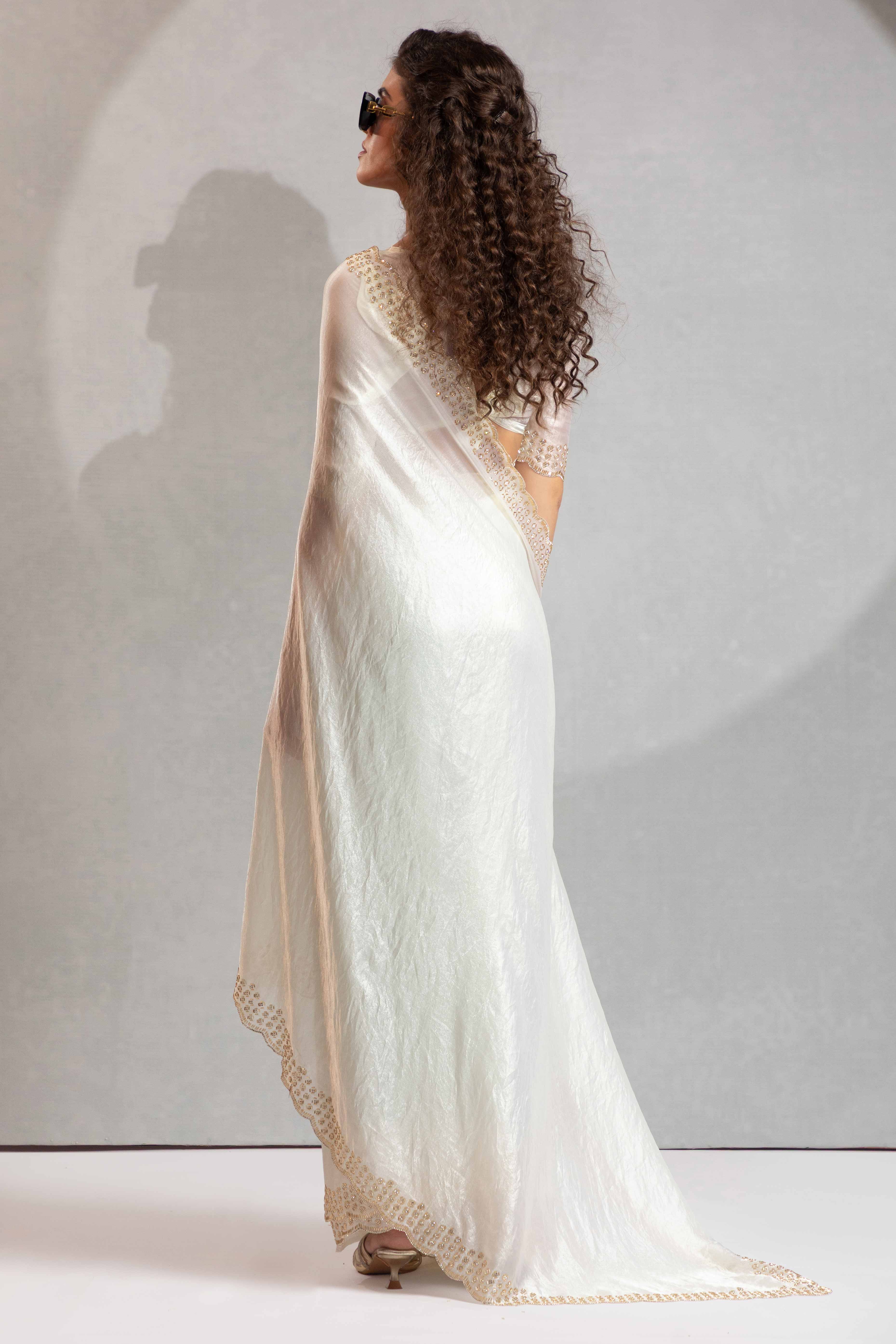 White Satin Saree with Glamorous Stone Embellishment