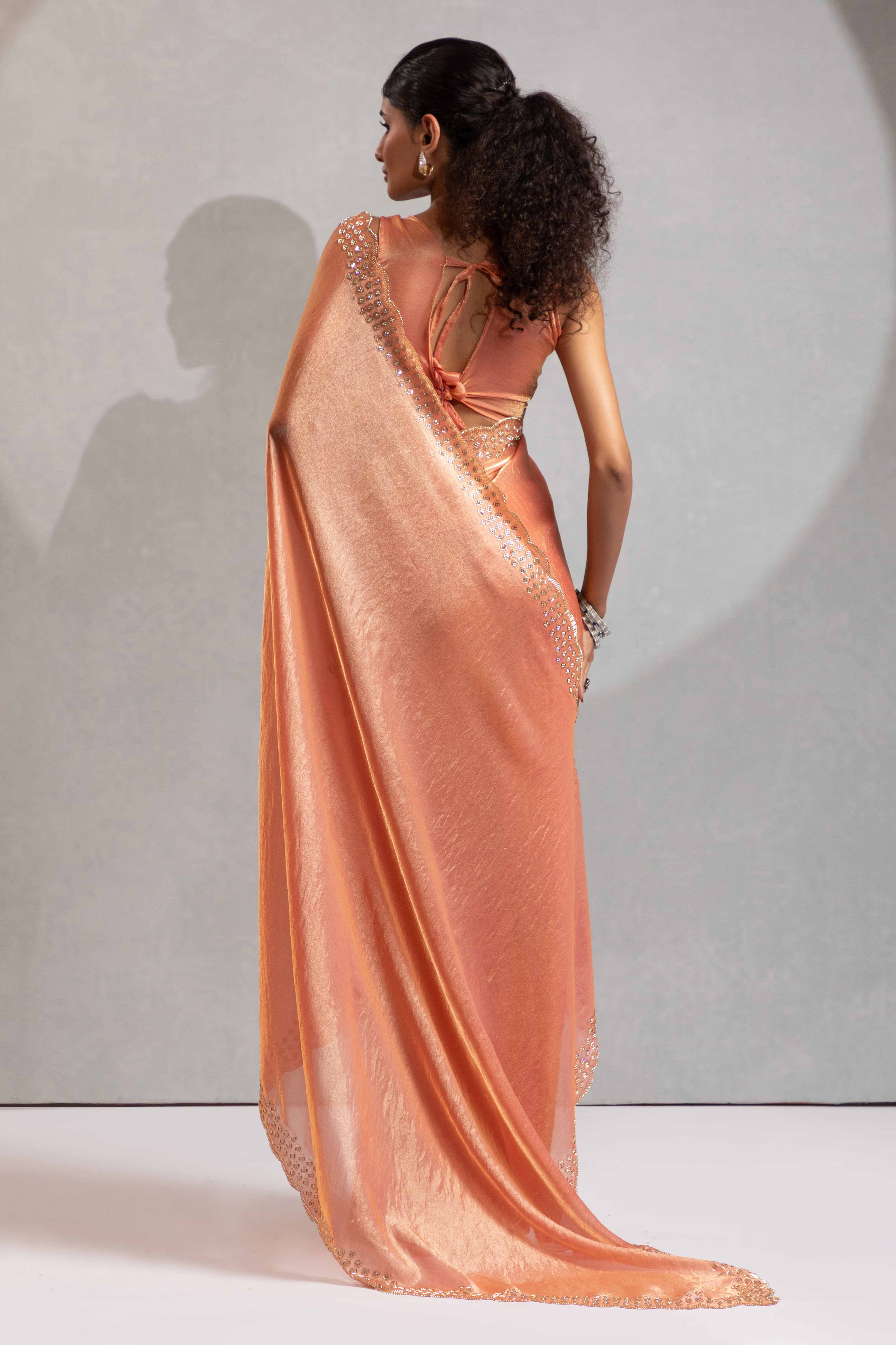Coral Peach Satin Saree with Glamorous Stone Embellishment