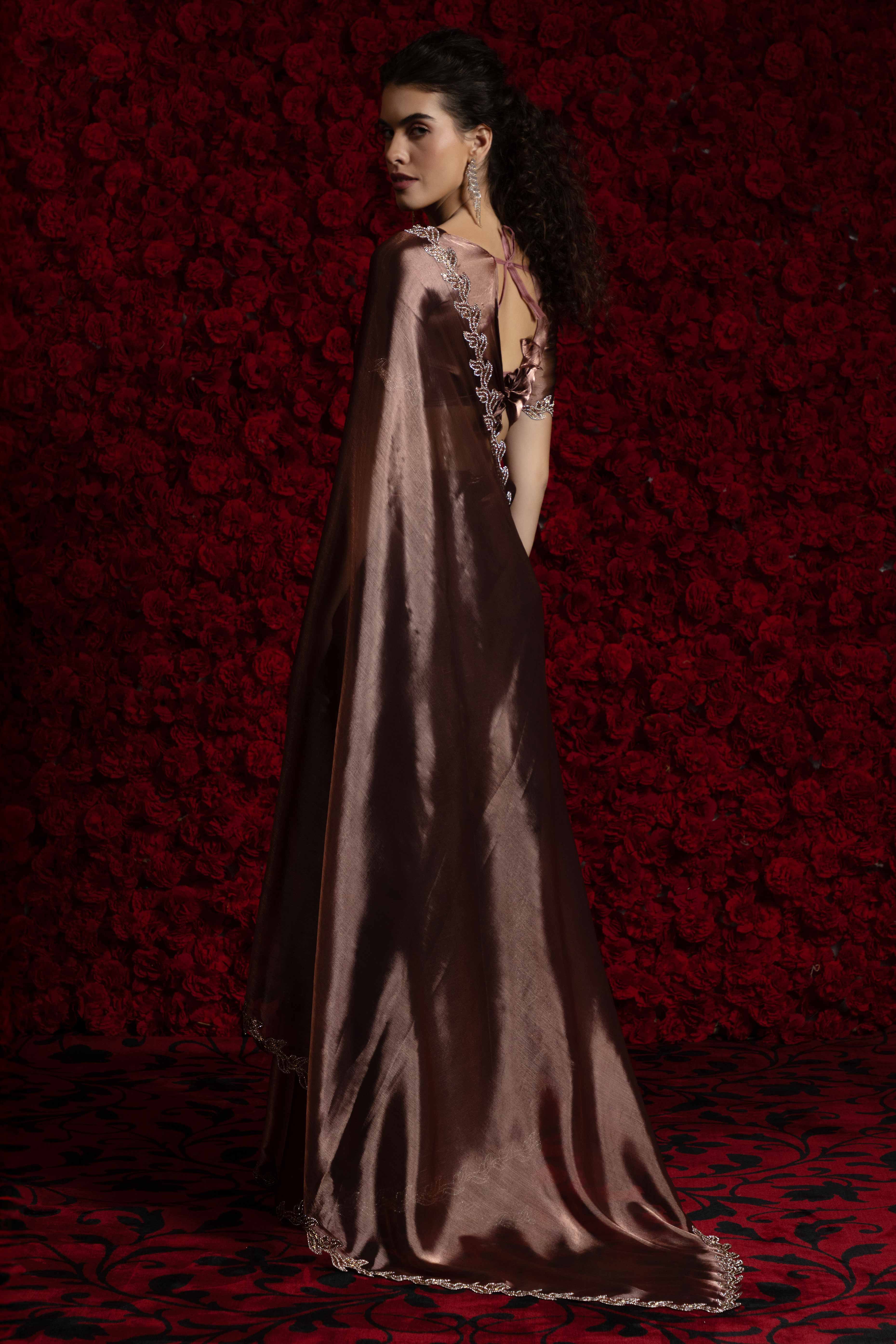 Brown Party Wear Saree Stone Embellished Tissue Chiffon Fabric