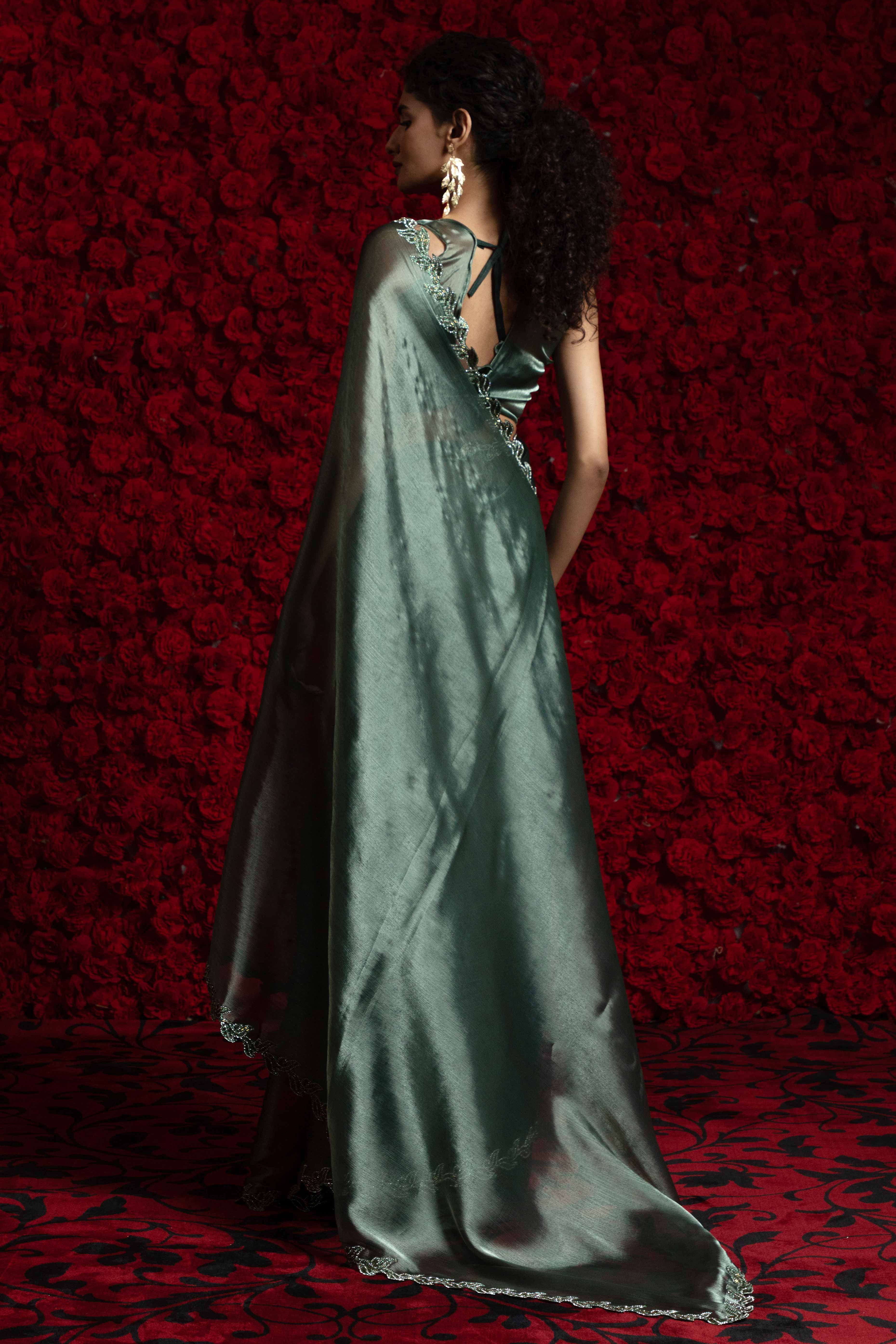 Sacramento Green Party Wear Saree Stone Embellished Tissue Chiffon Fabric