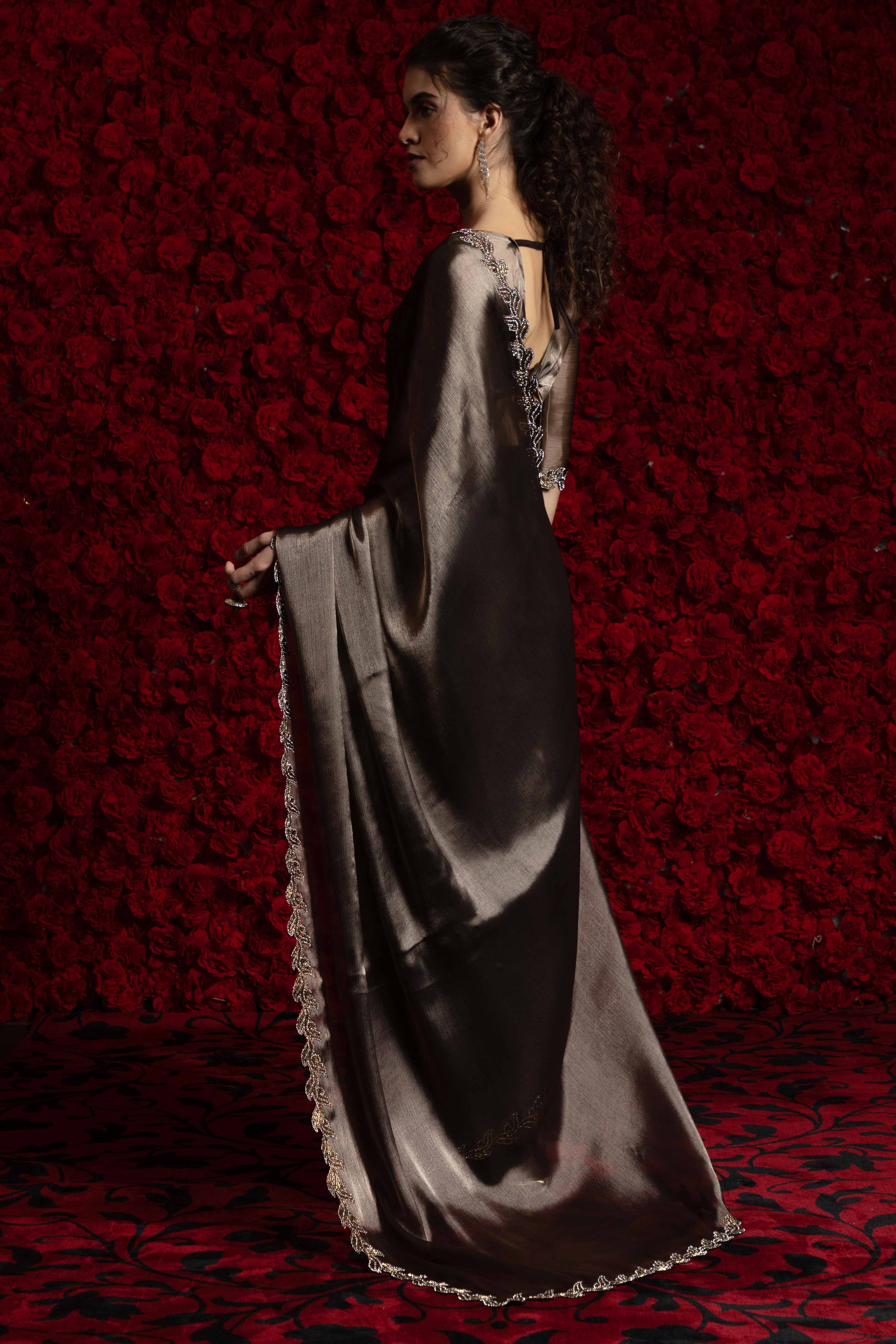 Bronze Brown Party Wear Saree Stone Embellished Tissue Chiffon Fabric