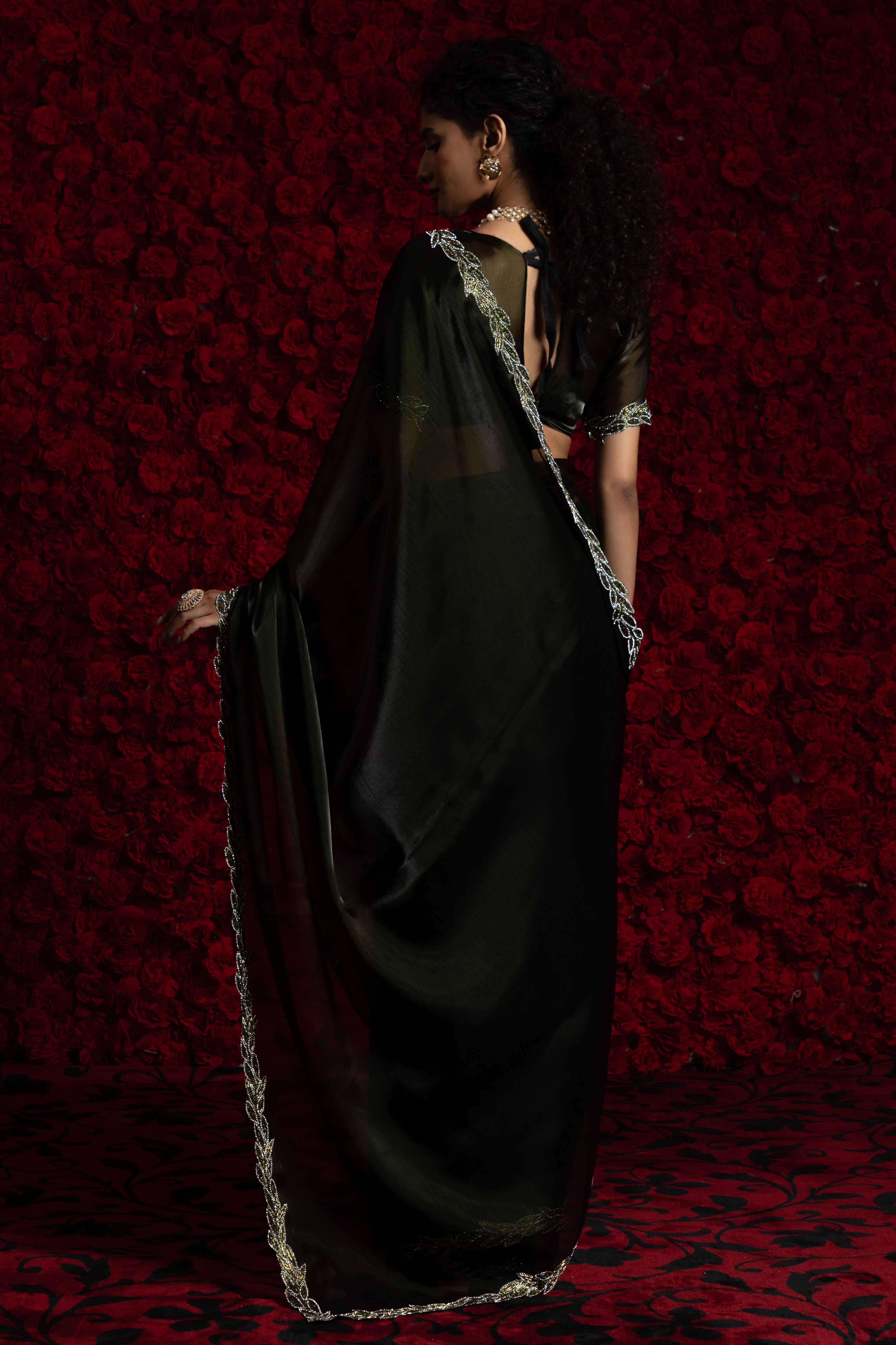 Deep Dark Olive Solid Tissue Chiffon Saree Accented With Elegant Zarkan Work Border