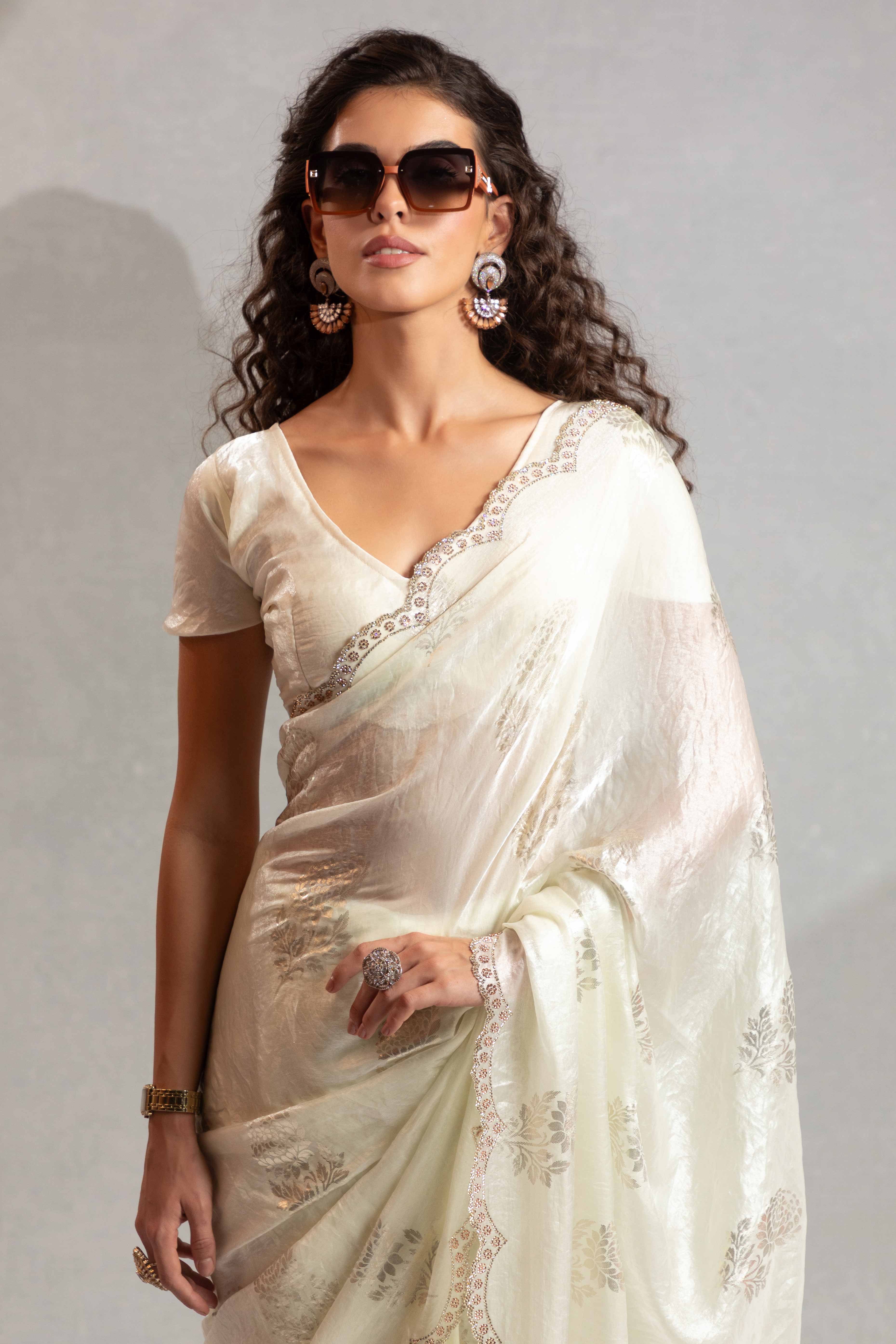 Offwhite Satin Silk Saree Showcasing Elegant Floral Foil Prints & Dazzling Zarkan Work