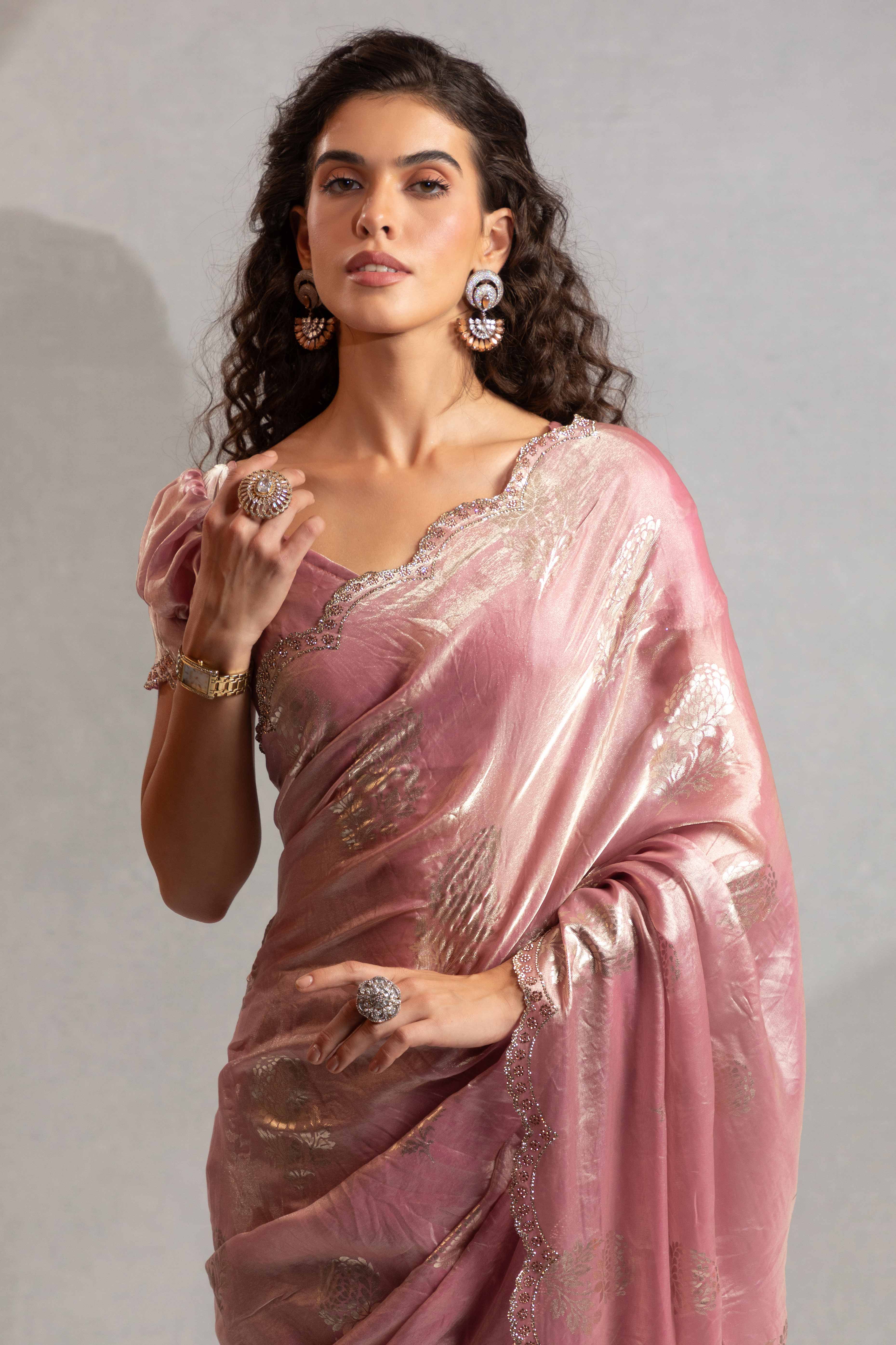 Pink Satin Silk Saree Showcasing Elegant Floral Foil Prints & Dazzling Zarkan Work