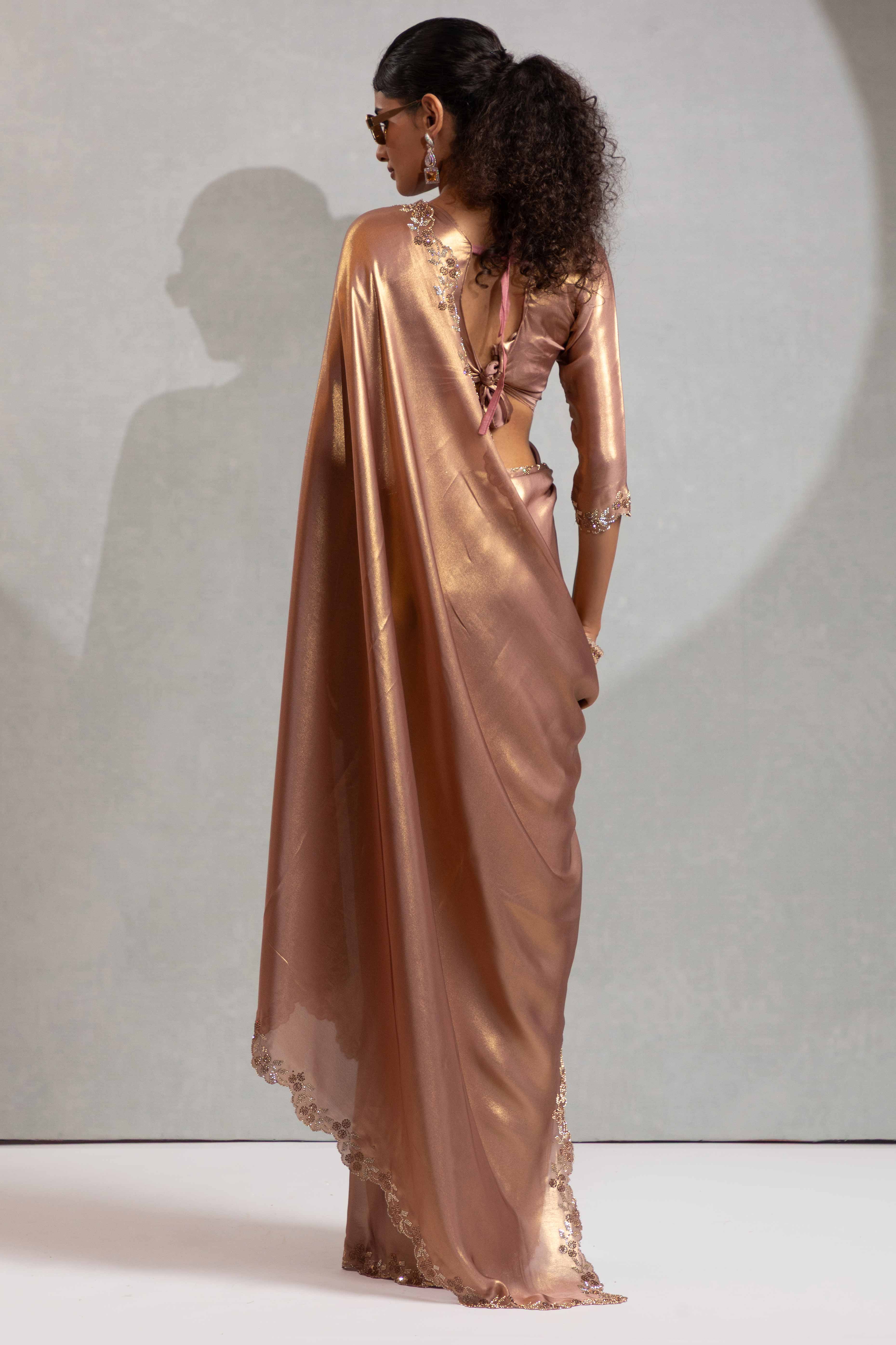Zircon Brown Satin Georgette Saree Adorned With Subtle Foil Finish & A Sparkling Zarkan Work Border
