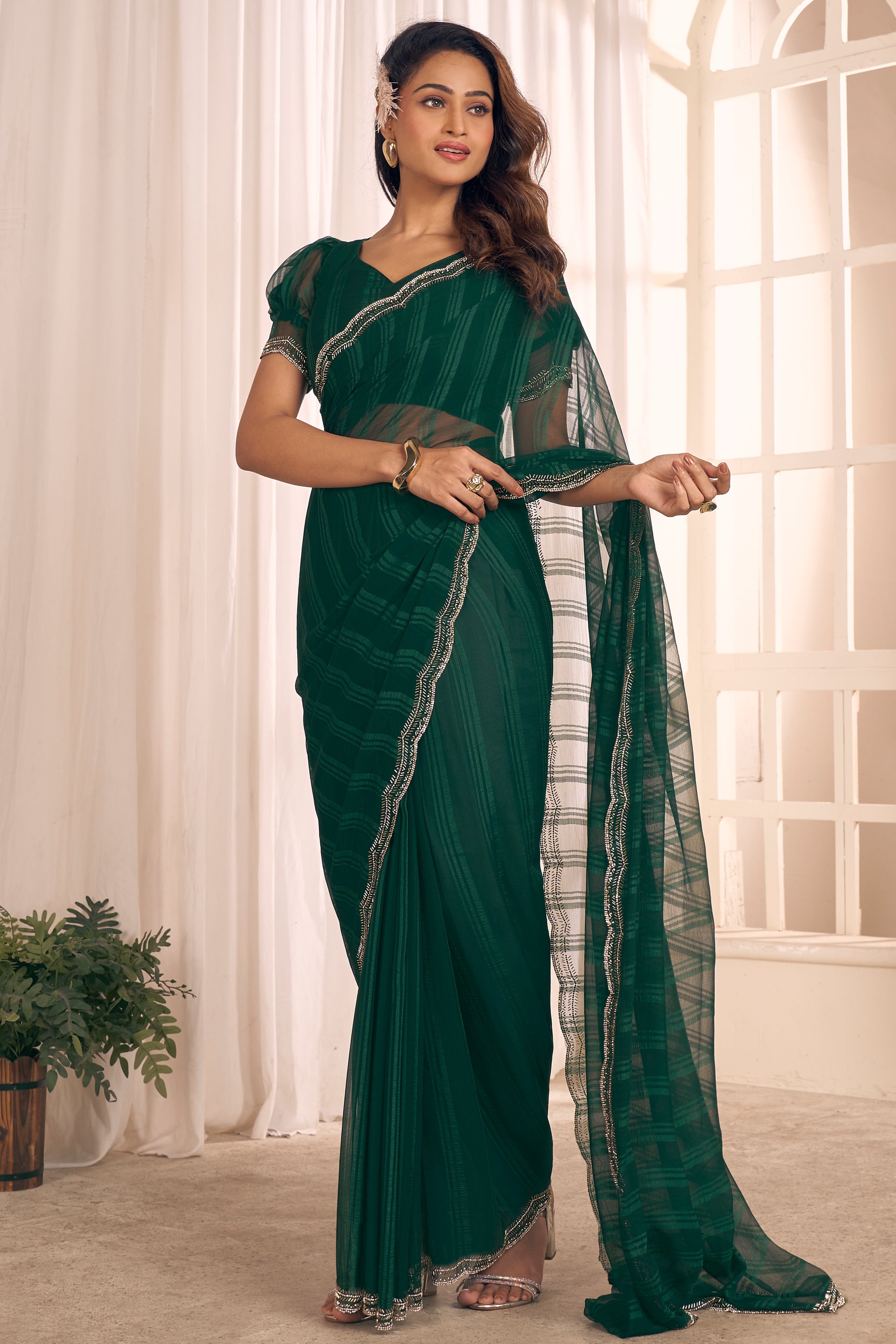 Green Georgette Saree Featuring Contemporary Stripes With A Sparkling Diamond & Beads Work Border