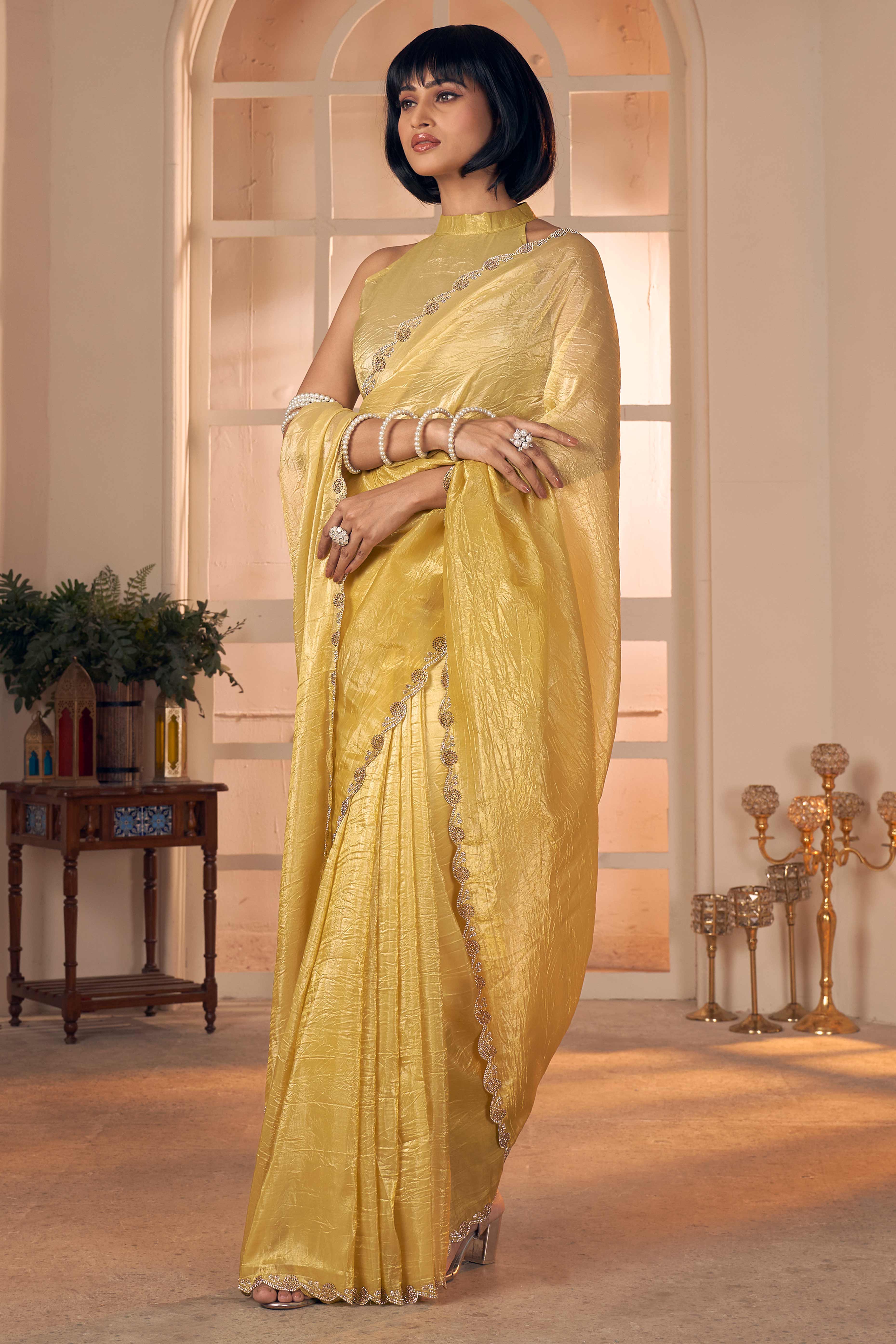 Elegant Yellow Pure Silk Saree Enhanced With Premium Zarkan Cutwork Embellishment