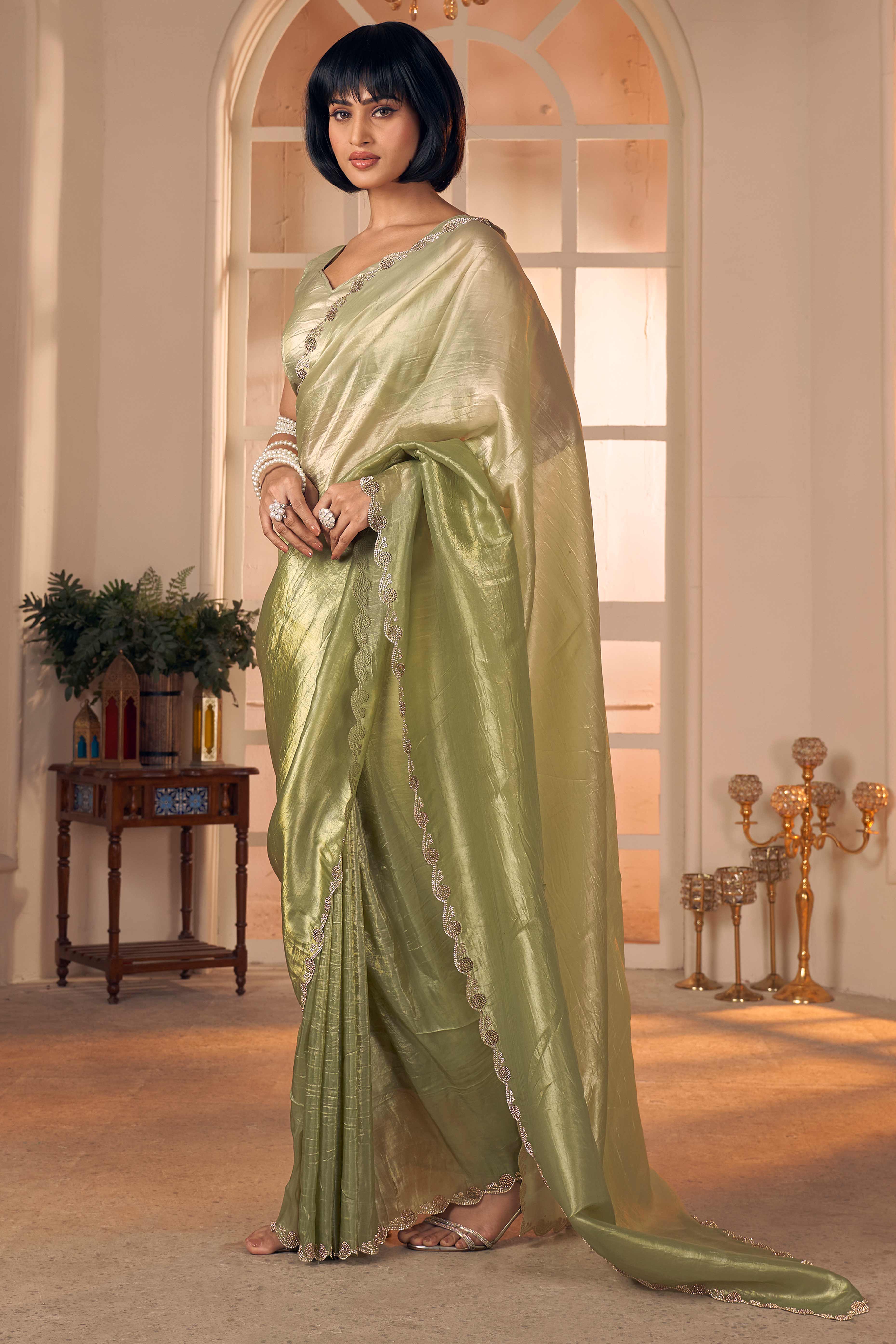 Elegant Olive Pure Silk Saree Enhanced With Premium Zarkan Cutwork Embellishment