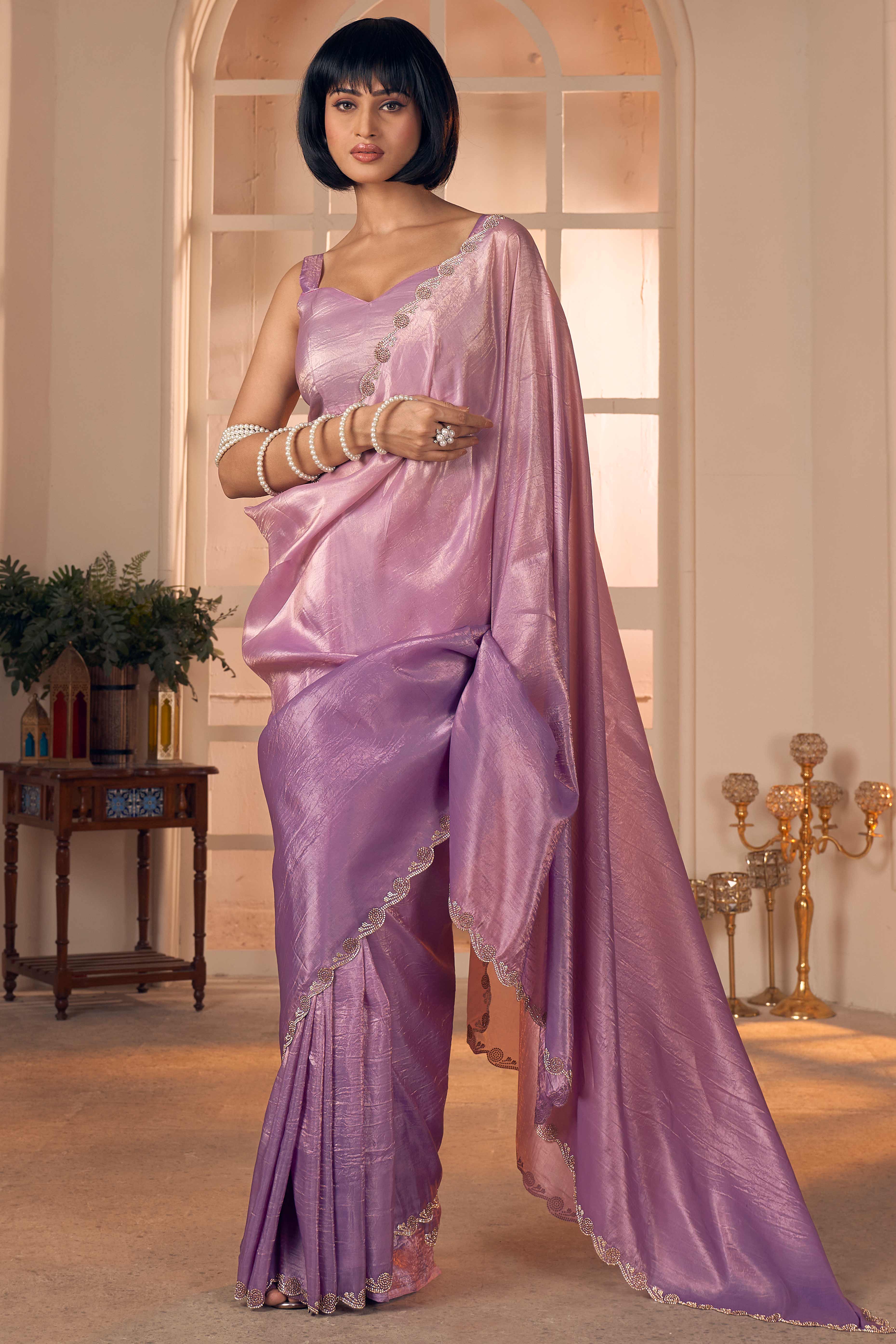 Elegant Lavender Pure Silk Saree Enhanced With Premium Zarkan Cutwork Embellishment