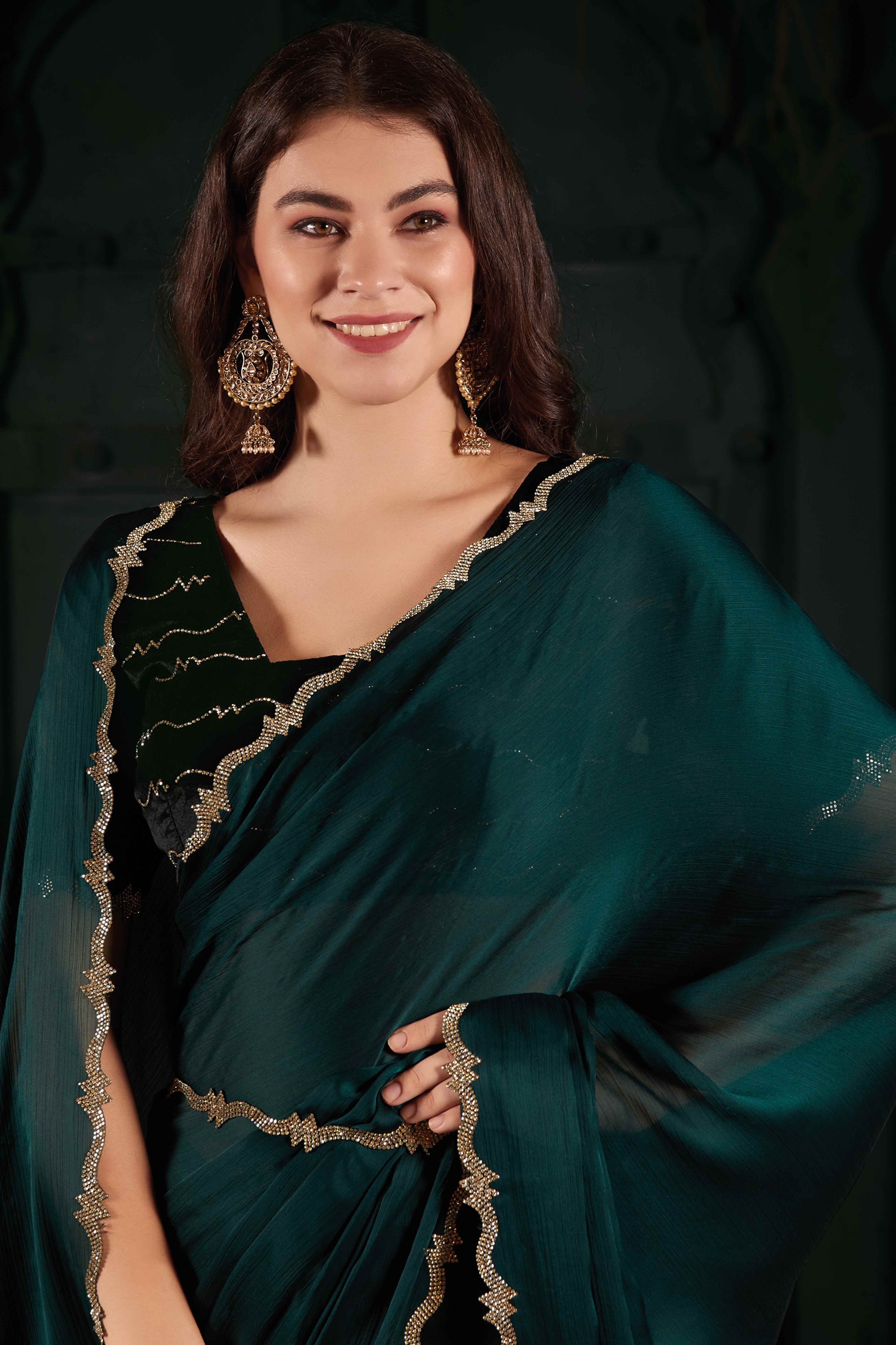 Dark Teal Solid With Zarkan Cutwork Border Chiffon Saree With Belt