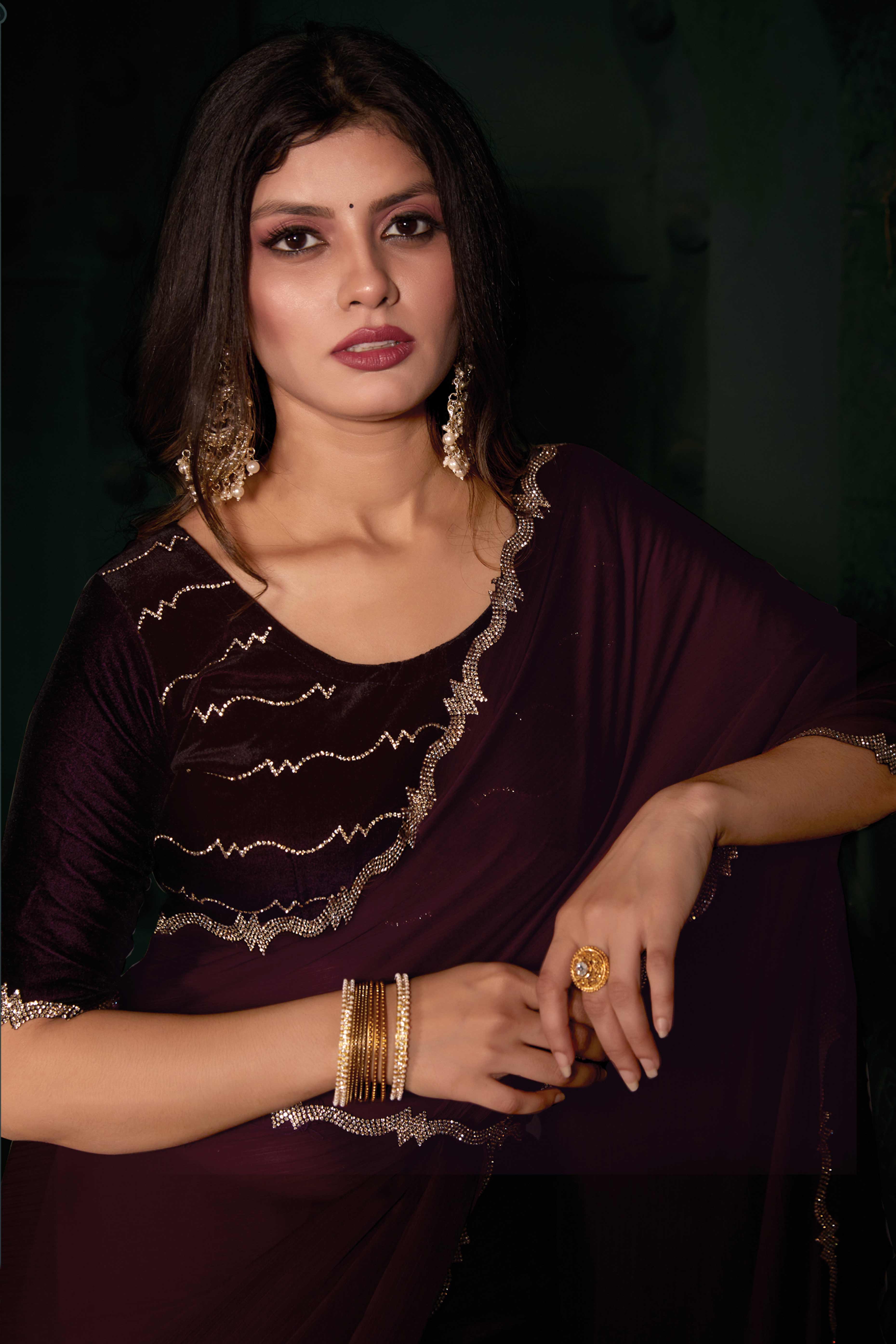 Wine Solid With Zarkan Cutwork Border Chiffon Saree With Belt