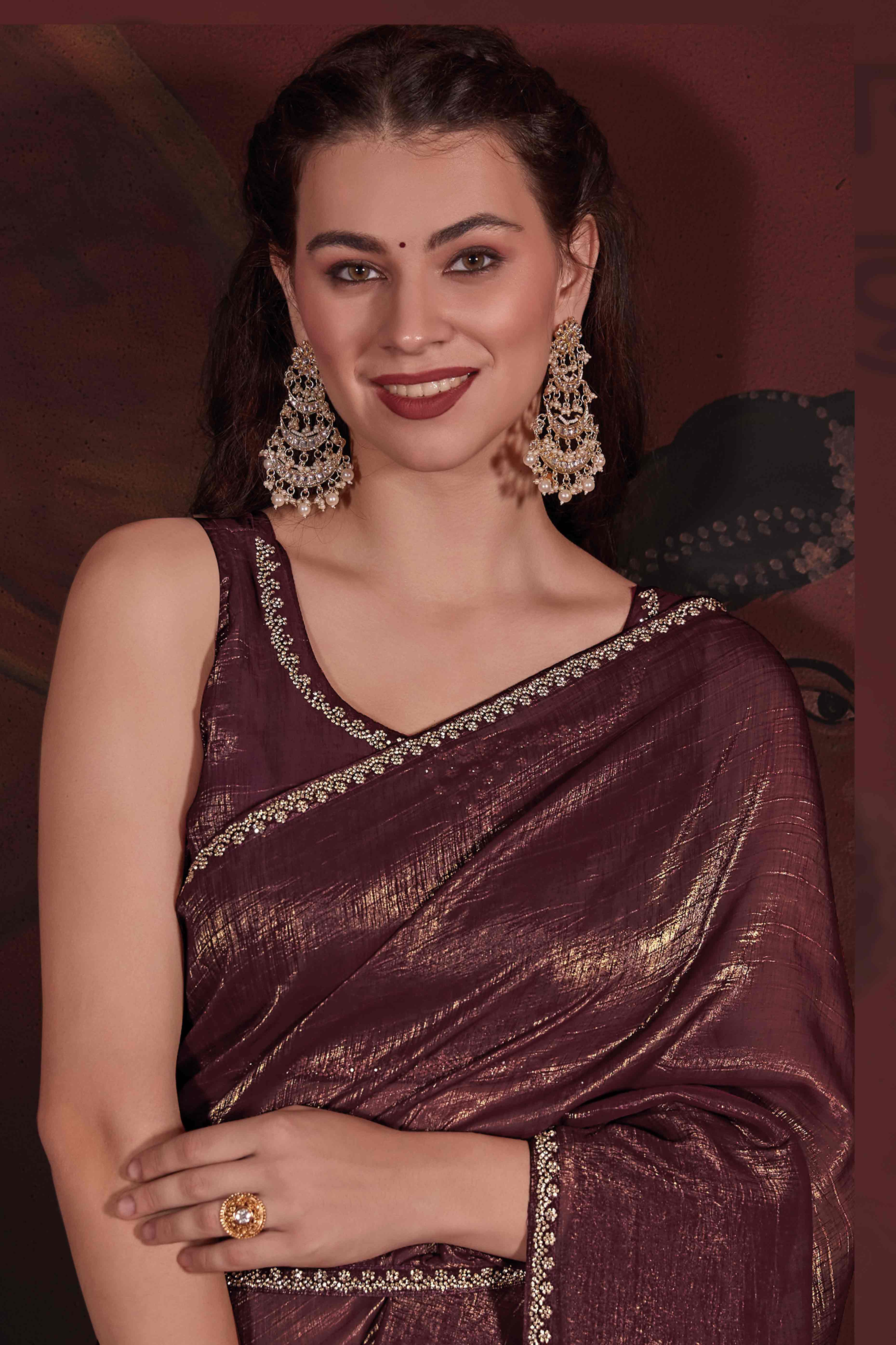 Brown Solid With Zarkan Border Art Silk Saree With Belt