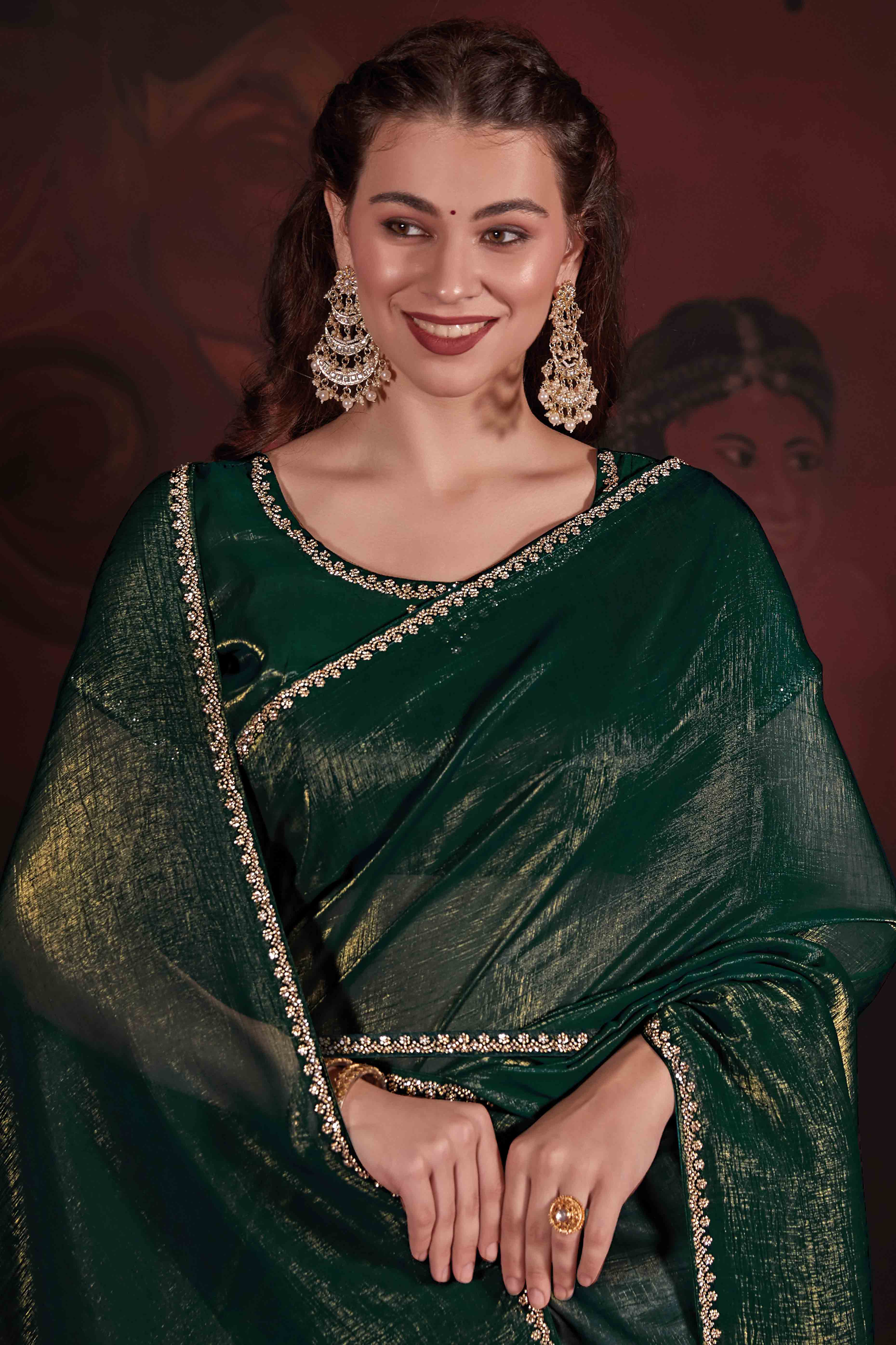 Bottle Green Solid With Zarkan Border Art Silk Saree With Belt