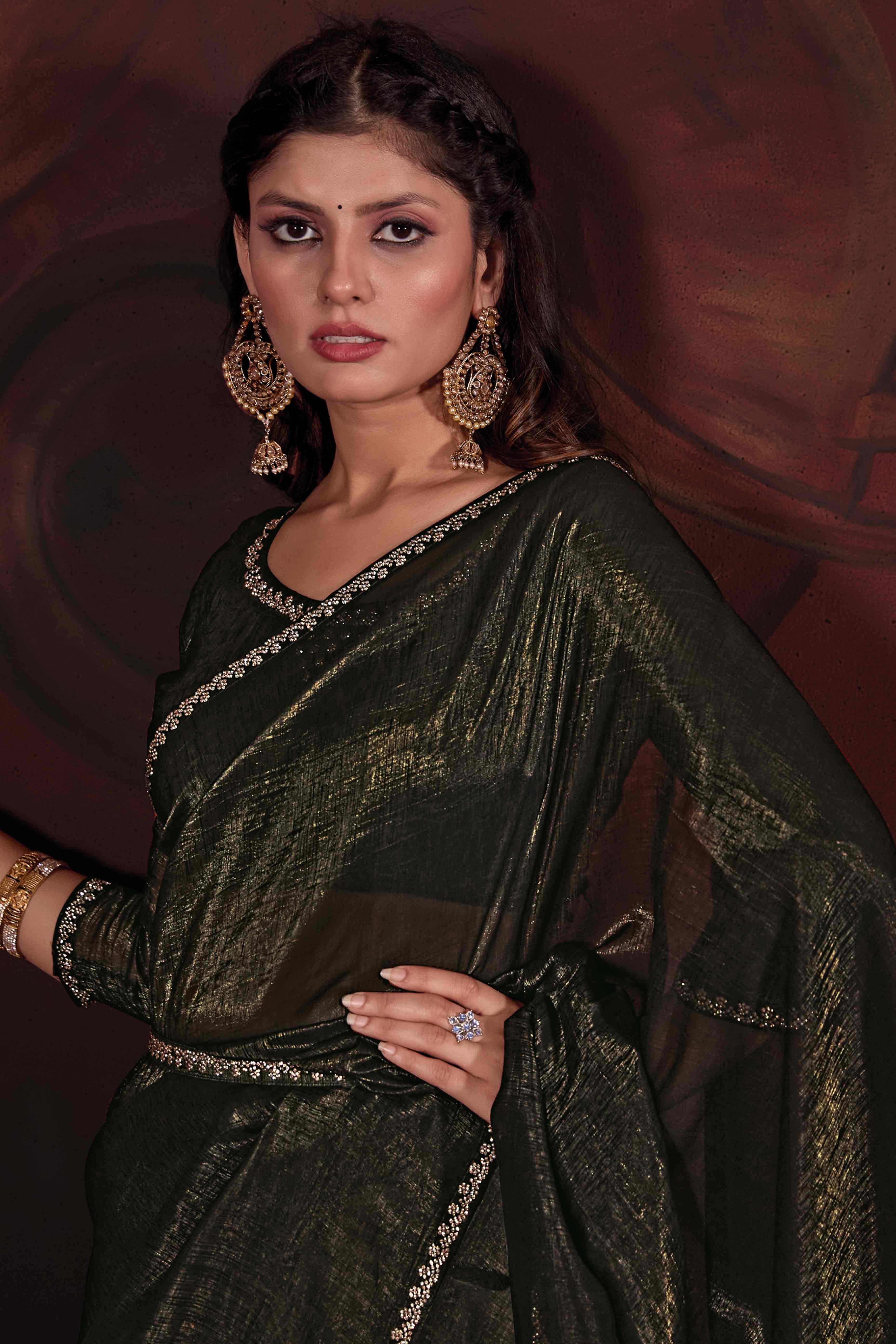 Olive Green Solid With Zarkan Border Art Silk Saree With Belt