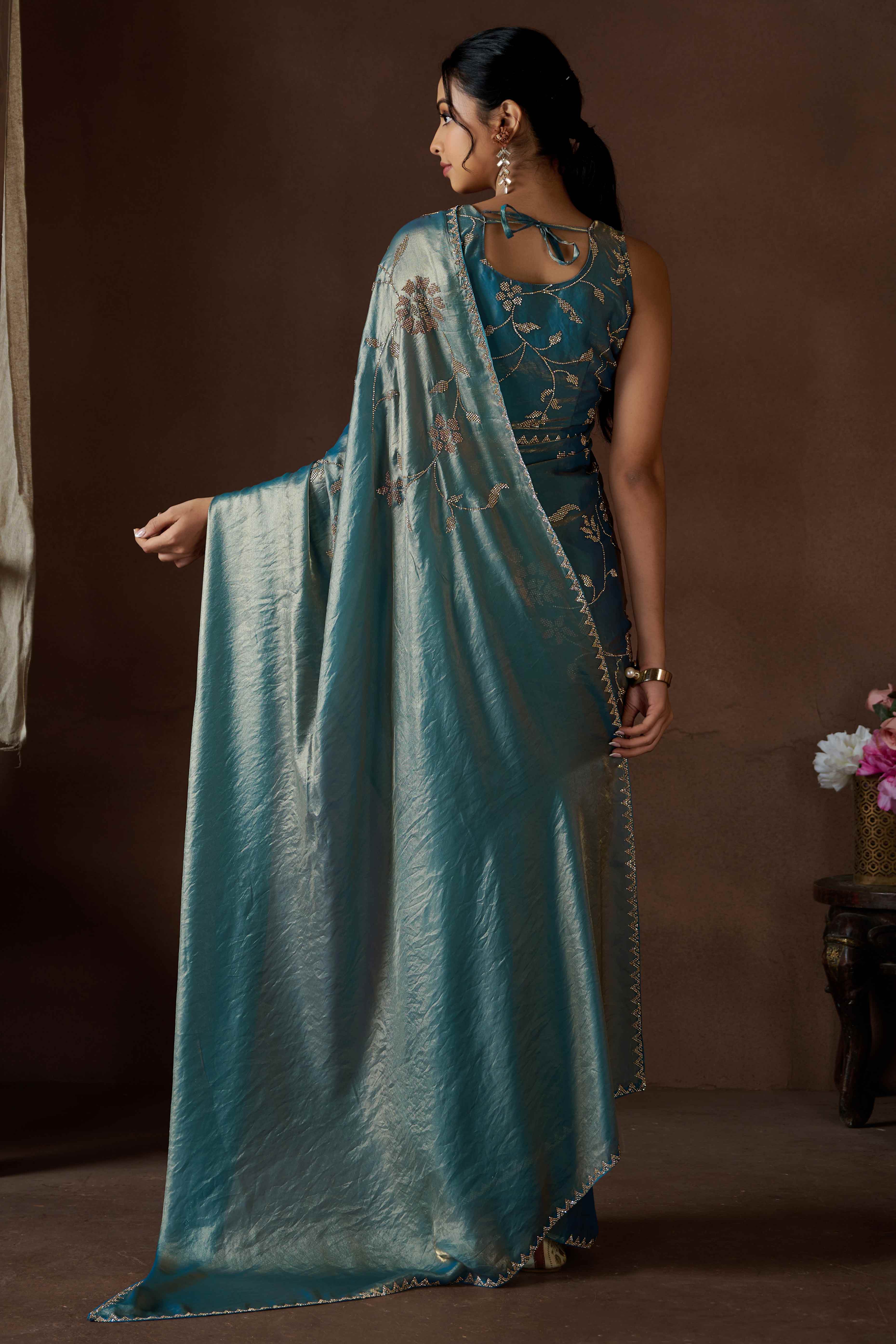 Sky Blue Satin Saree with Exquisite Stone Embellishments