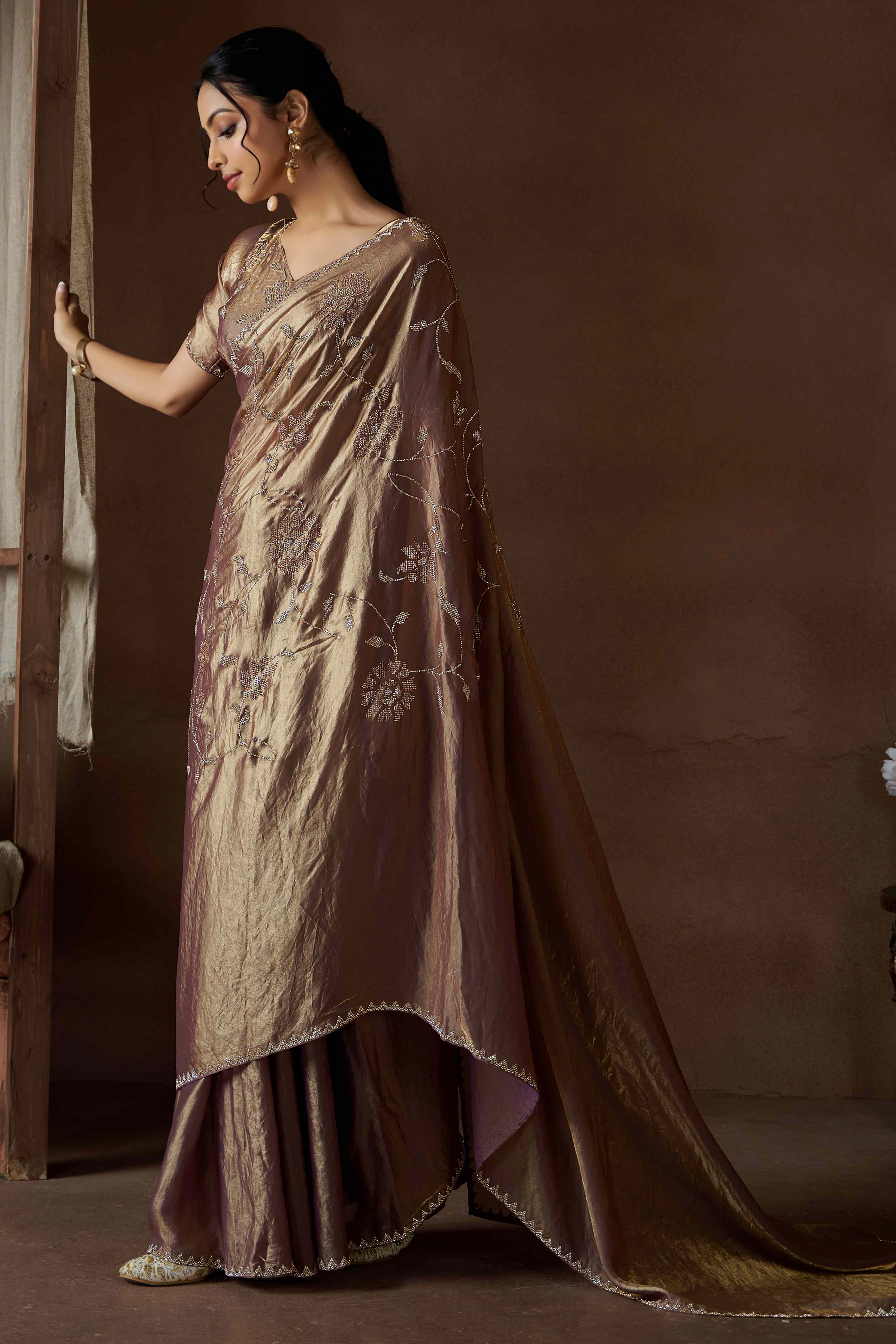 Lavender Satin Saree with Exquisite Stone Embellishments