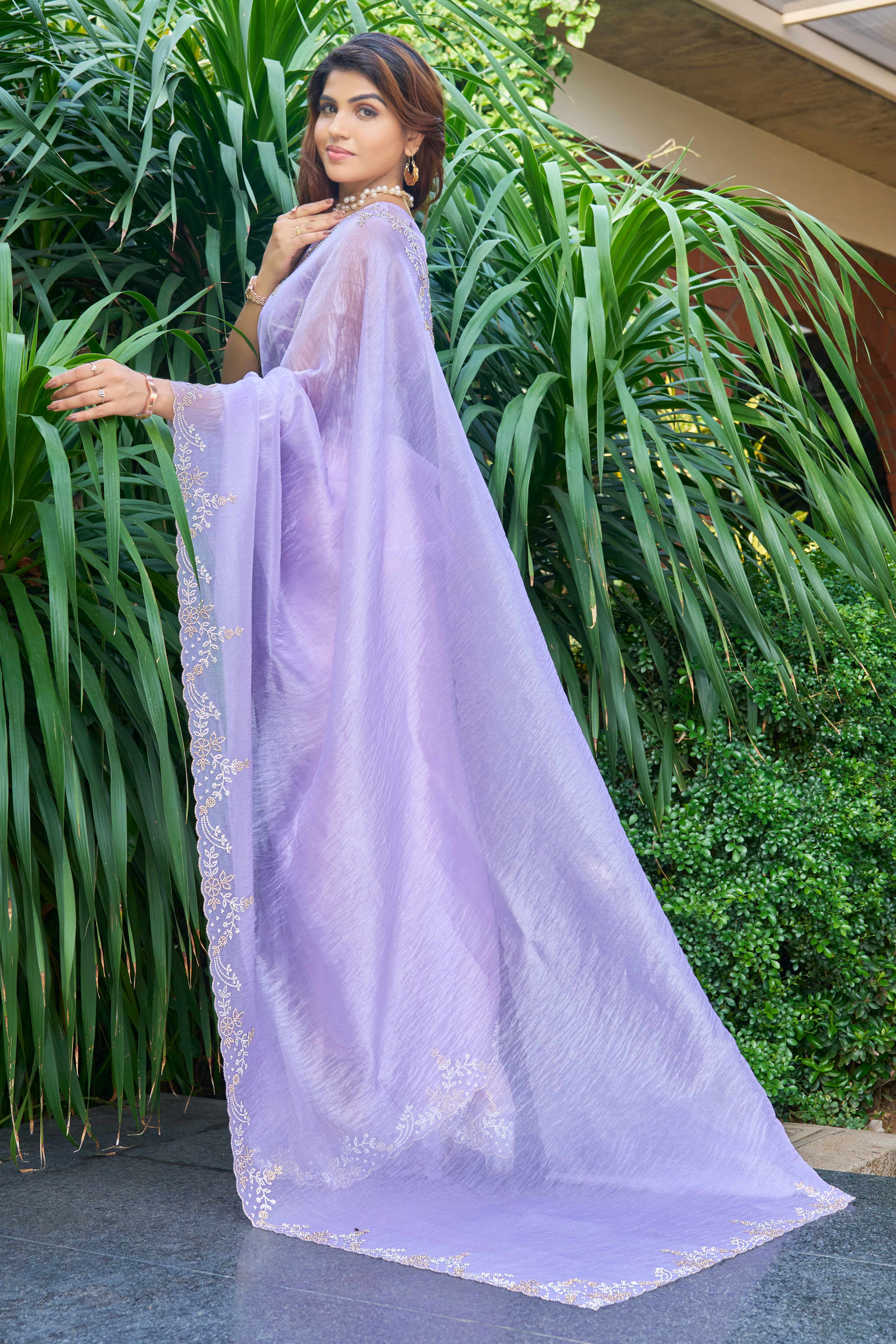Lavender Ethereal Organza Saree Adorned with Crystal Embellishments