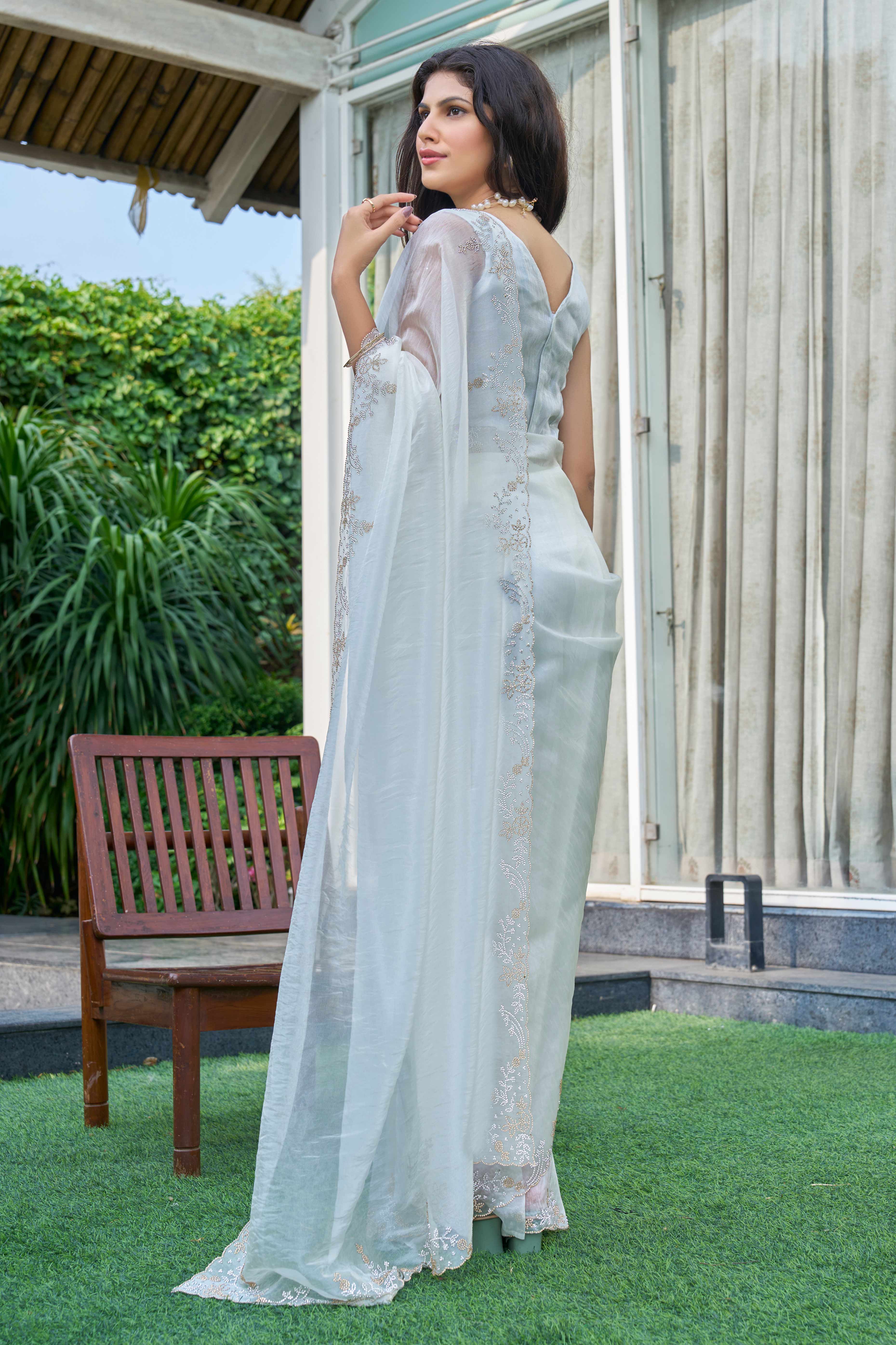 Off White Ethereal Organza Saree Adorned with Crystal Embellishments