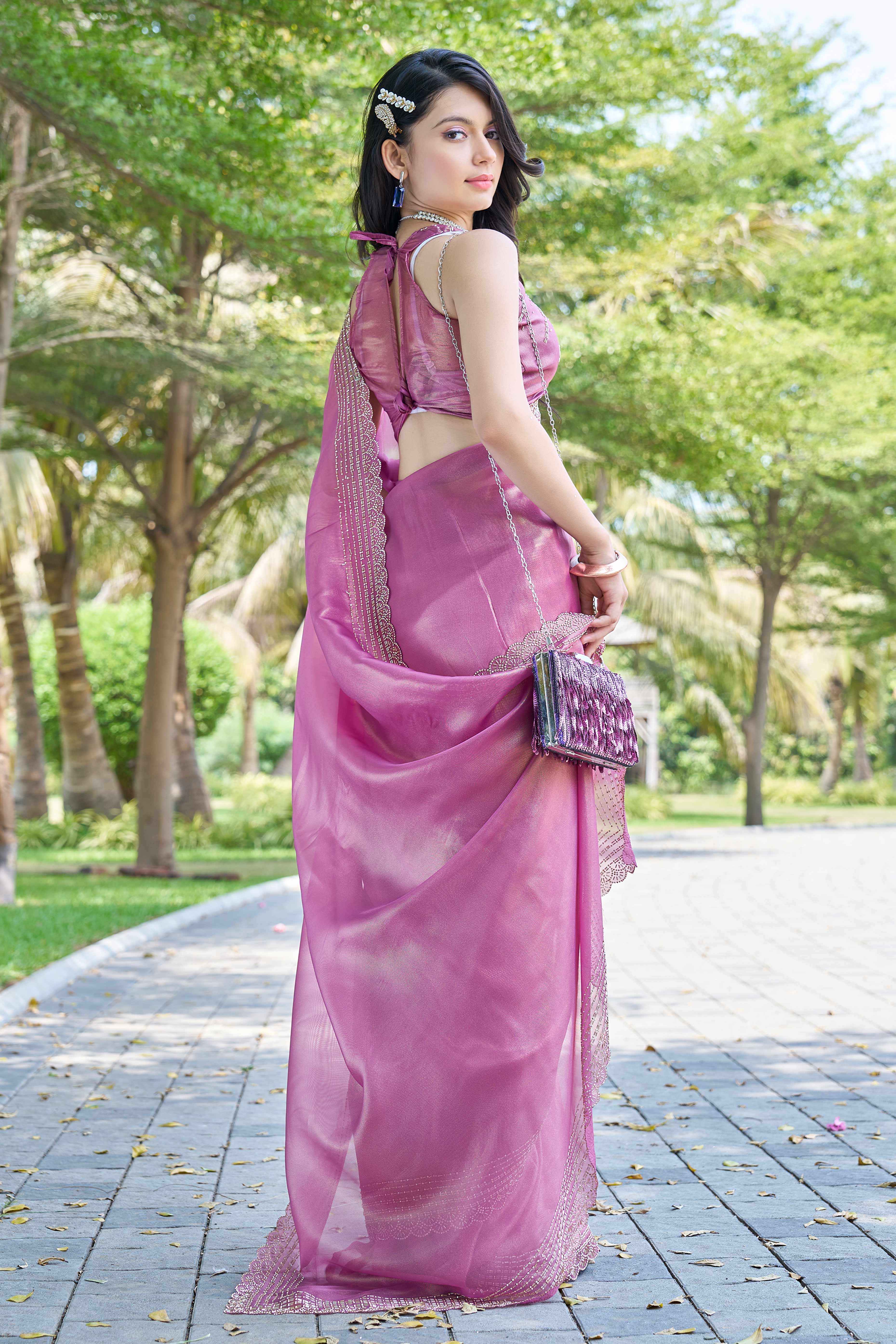 Pink Soft Organza Saree with Stone Embellishments Work