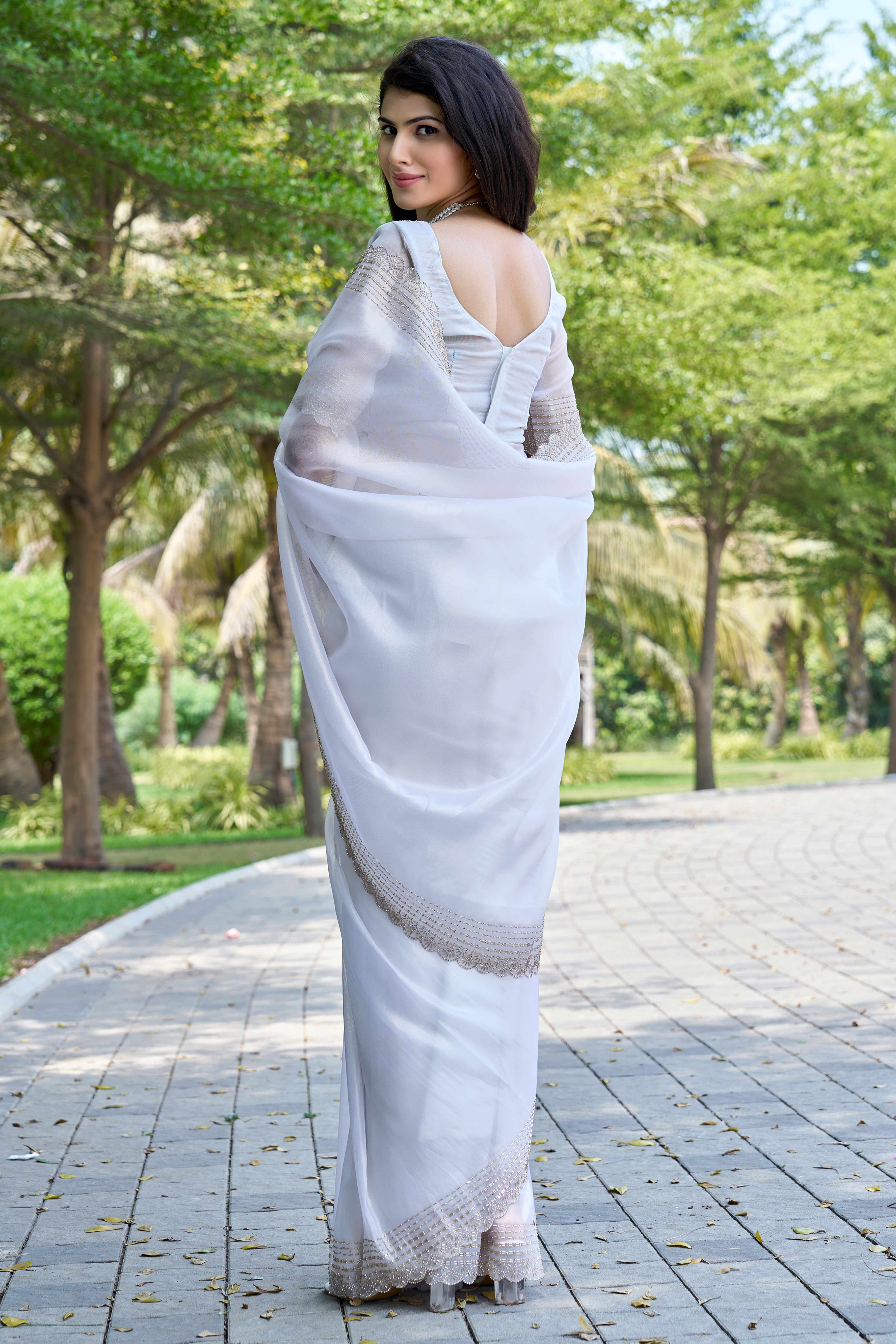 White Soft Organza Saree with Stone Embellishments Work