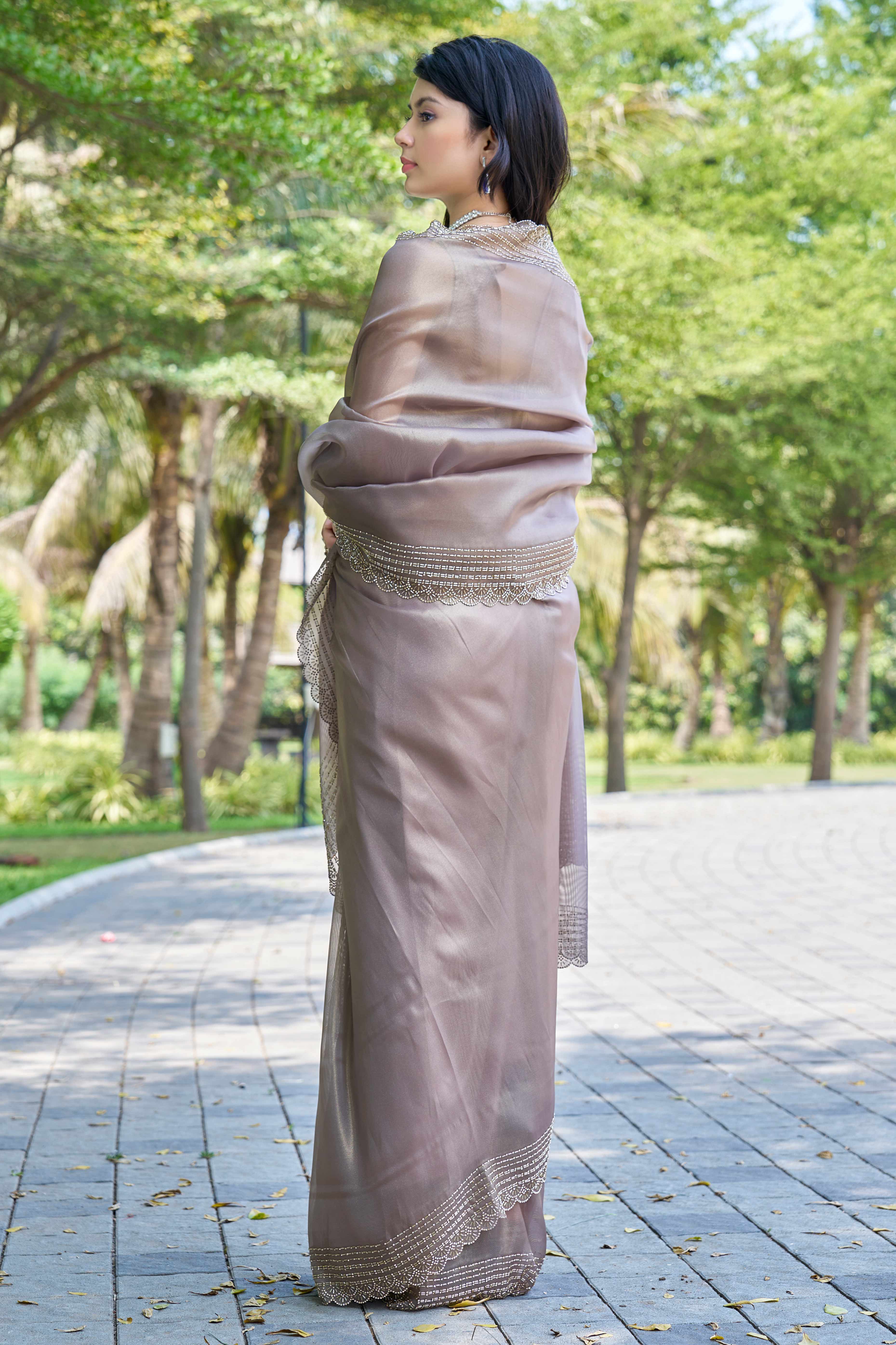 Grey Soft Organza Saree with Stone Embellishments Work