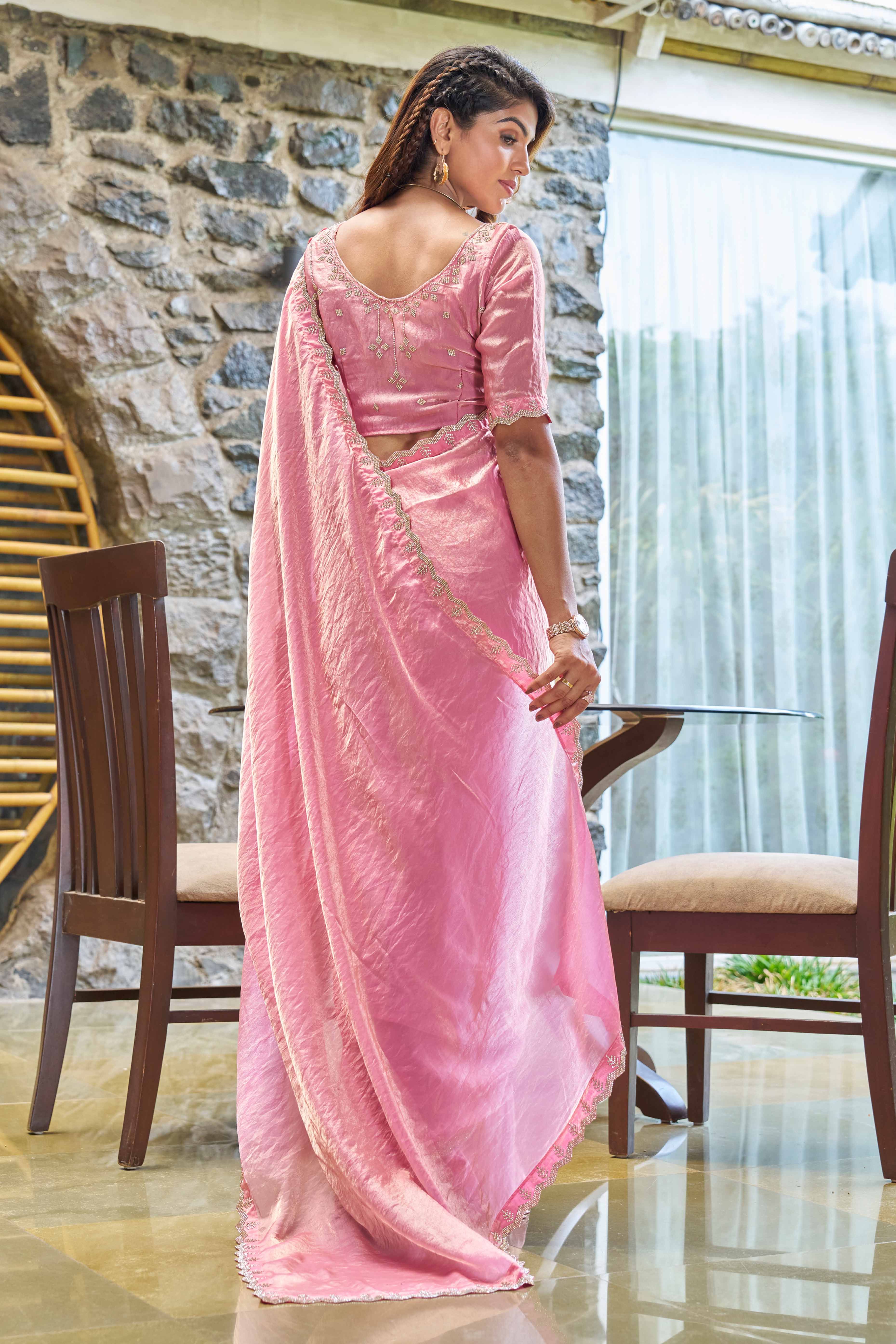 Timeless Pink Chiffon Solid Saree With Radiant Zarkan Craftsmanship