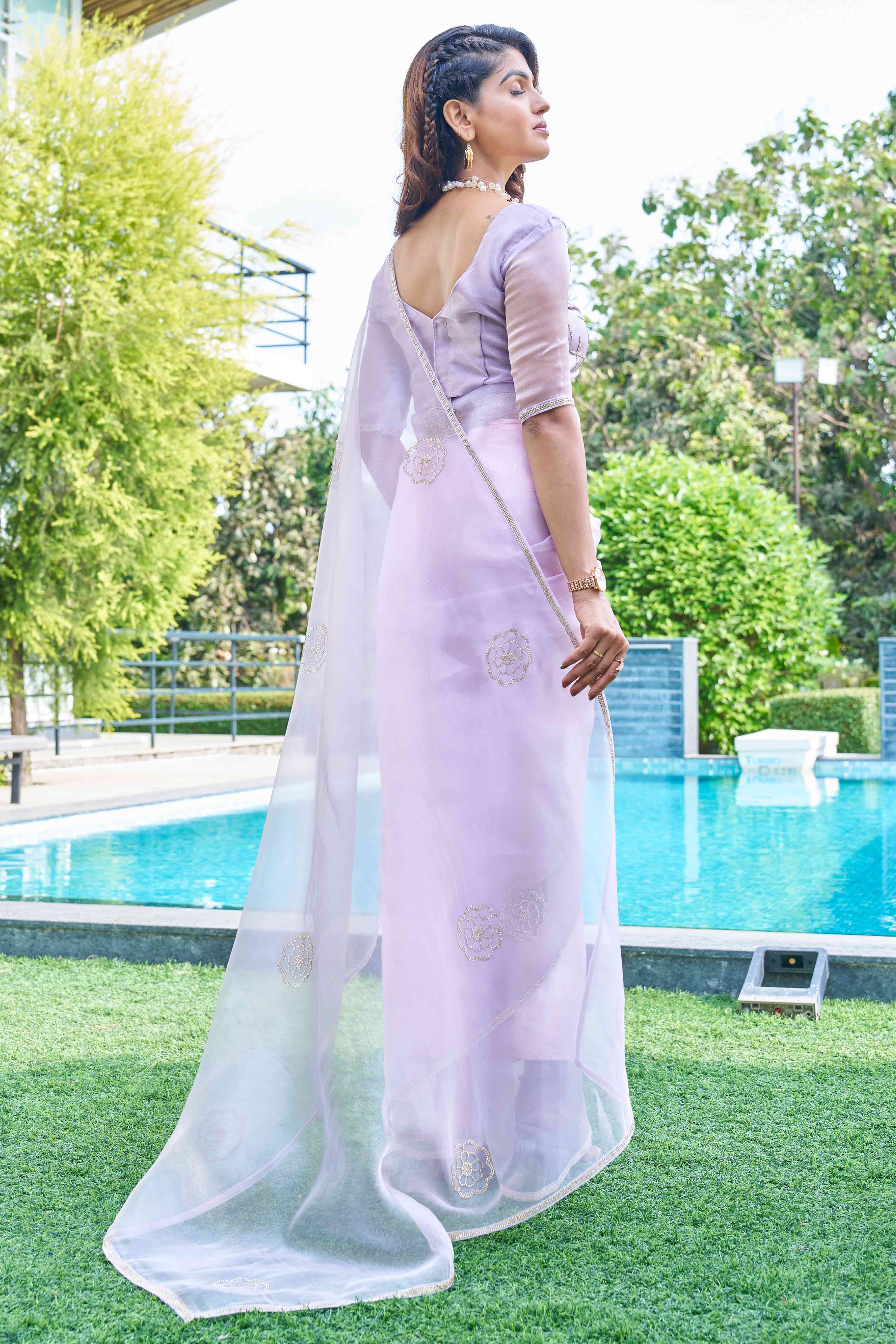 Purple Stone Work Embroidered Organza Saree