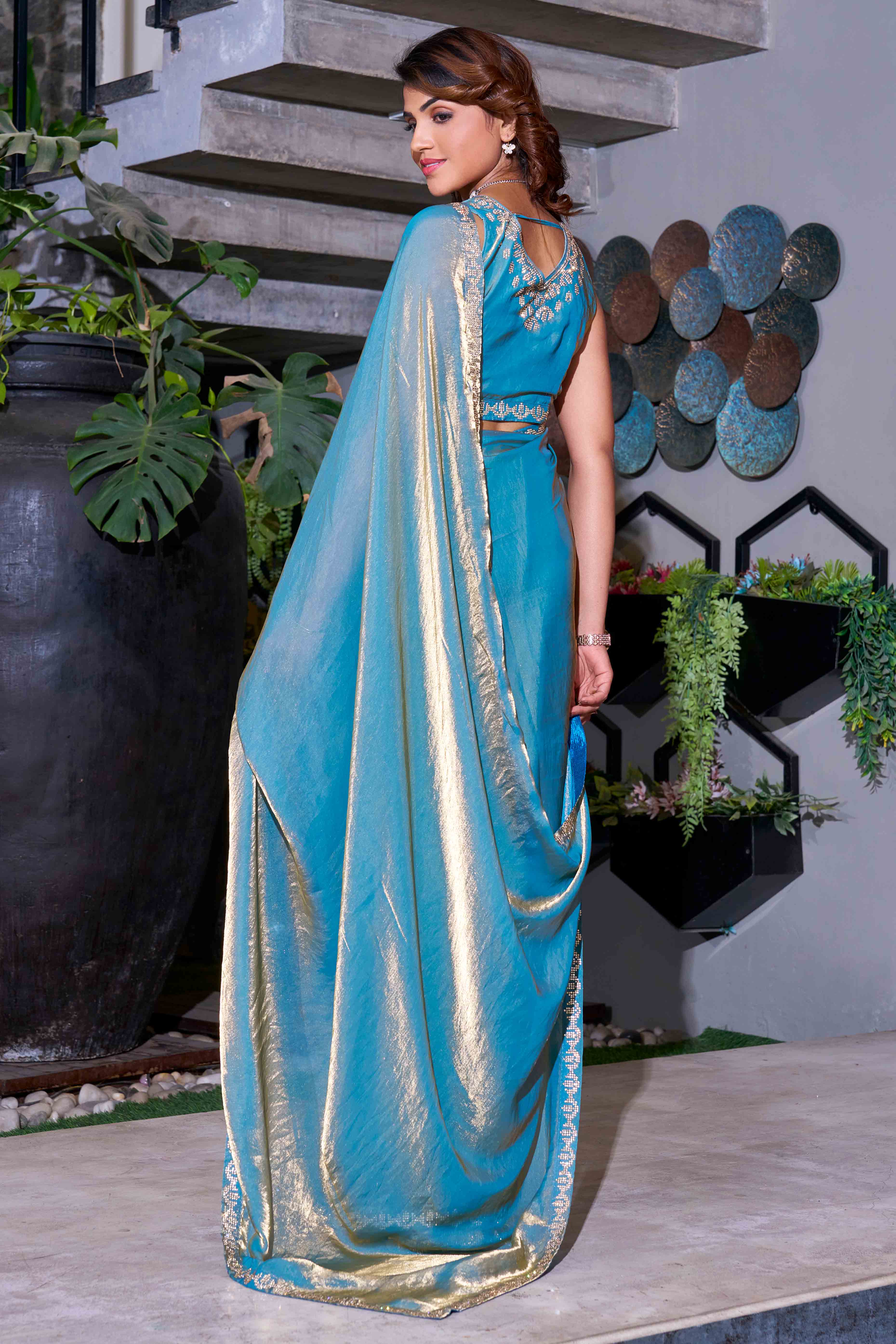 Sky Blue Stone Work Embroidered Satin Silk Saree