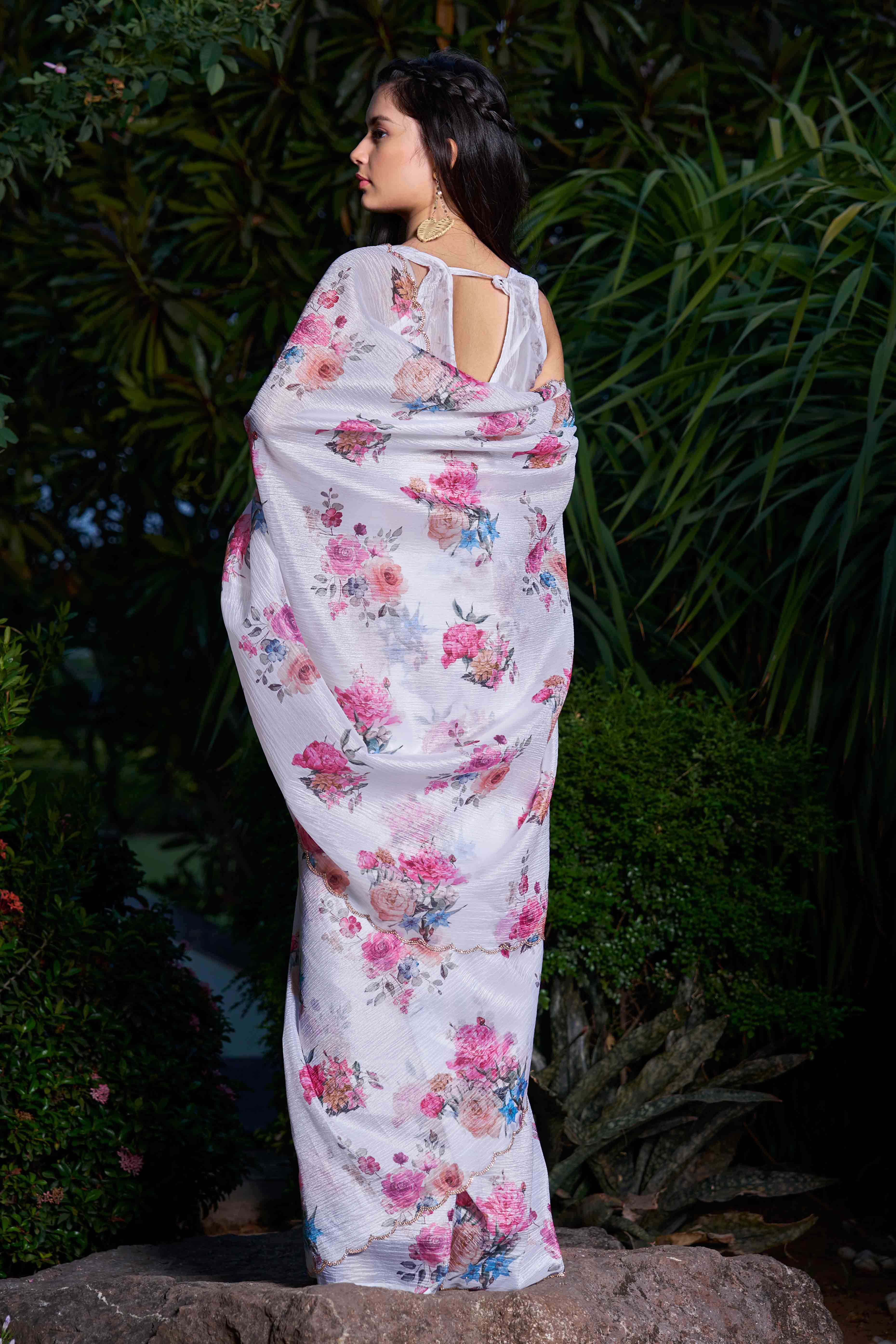 White Floral Printed Art Silk Saree