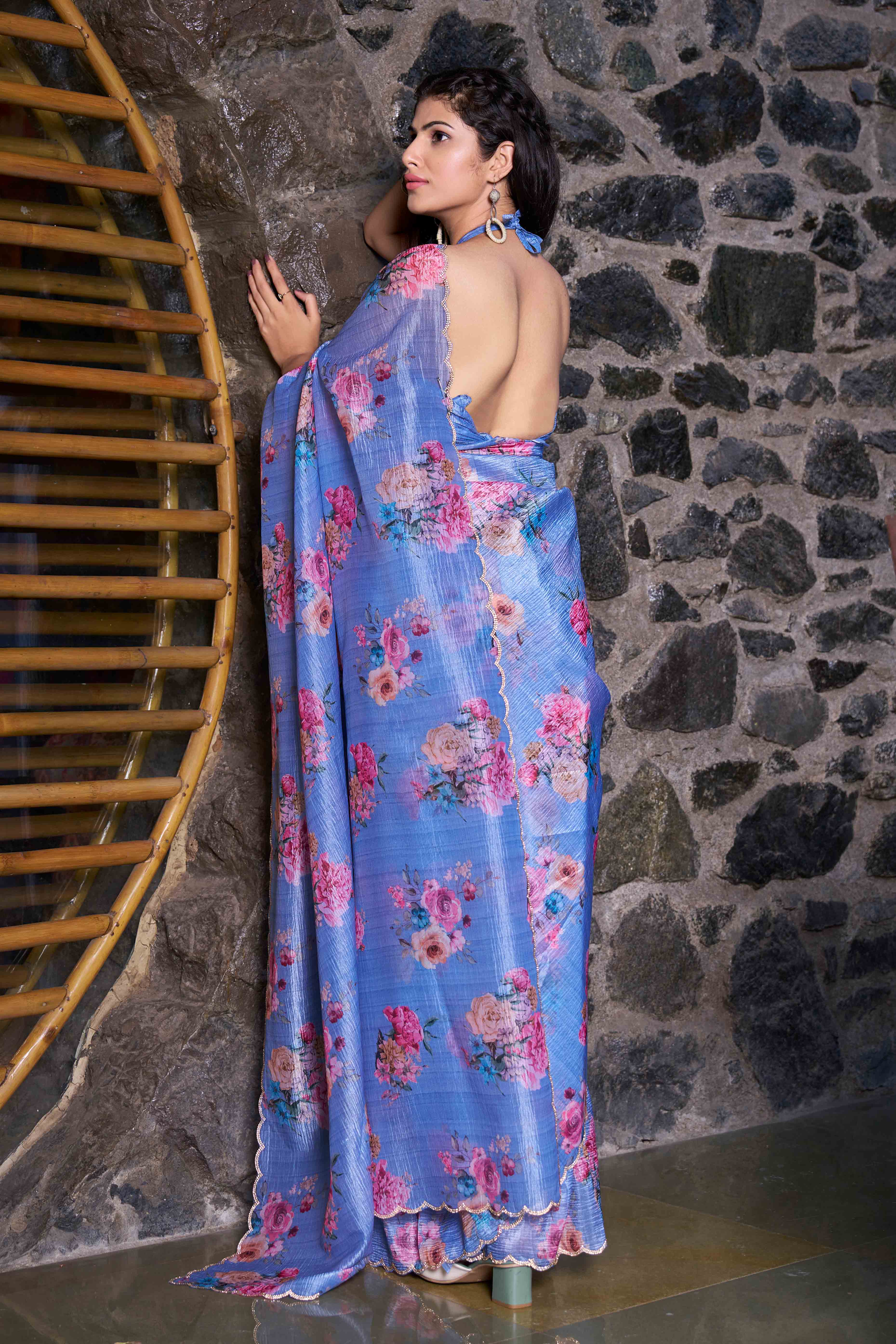 Blue Floral Printed Art Silk Saree
