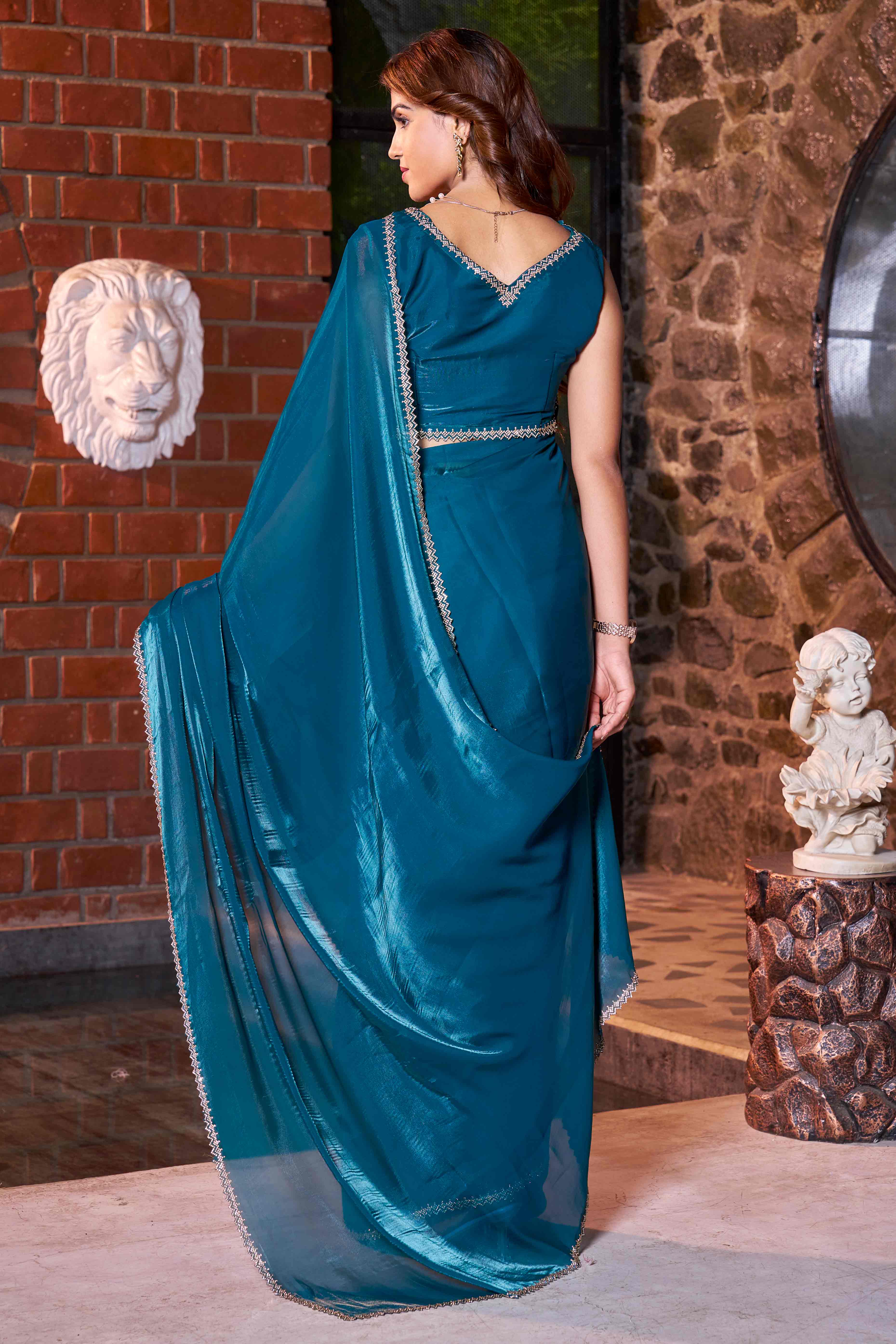 Teal Swarovski Work Embroidered Satin Silk Saree