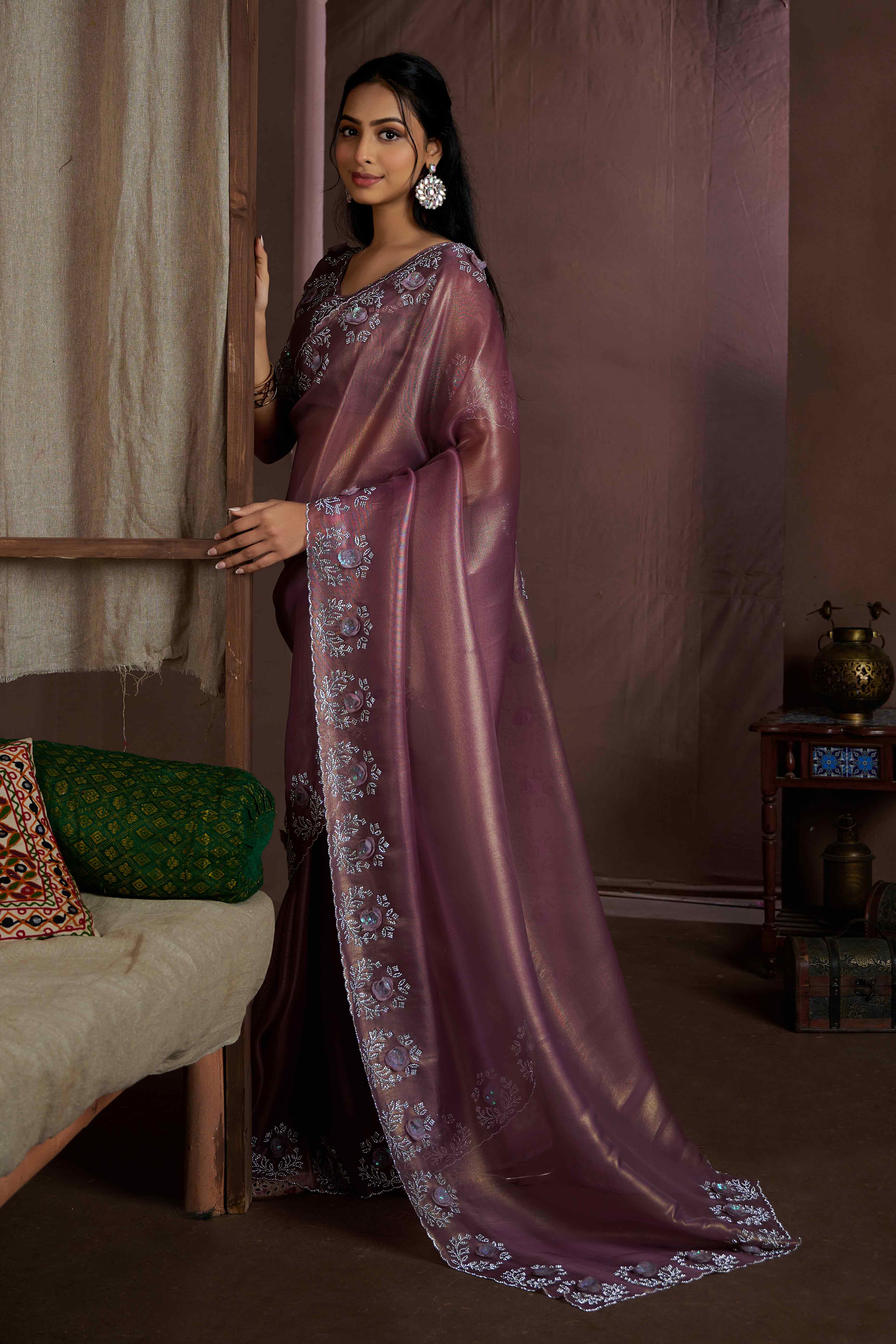 Wine Floral Sequins With Zarkan Work Organza Saree