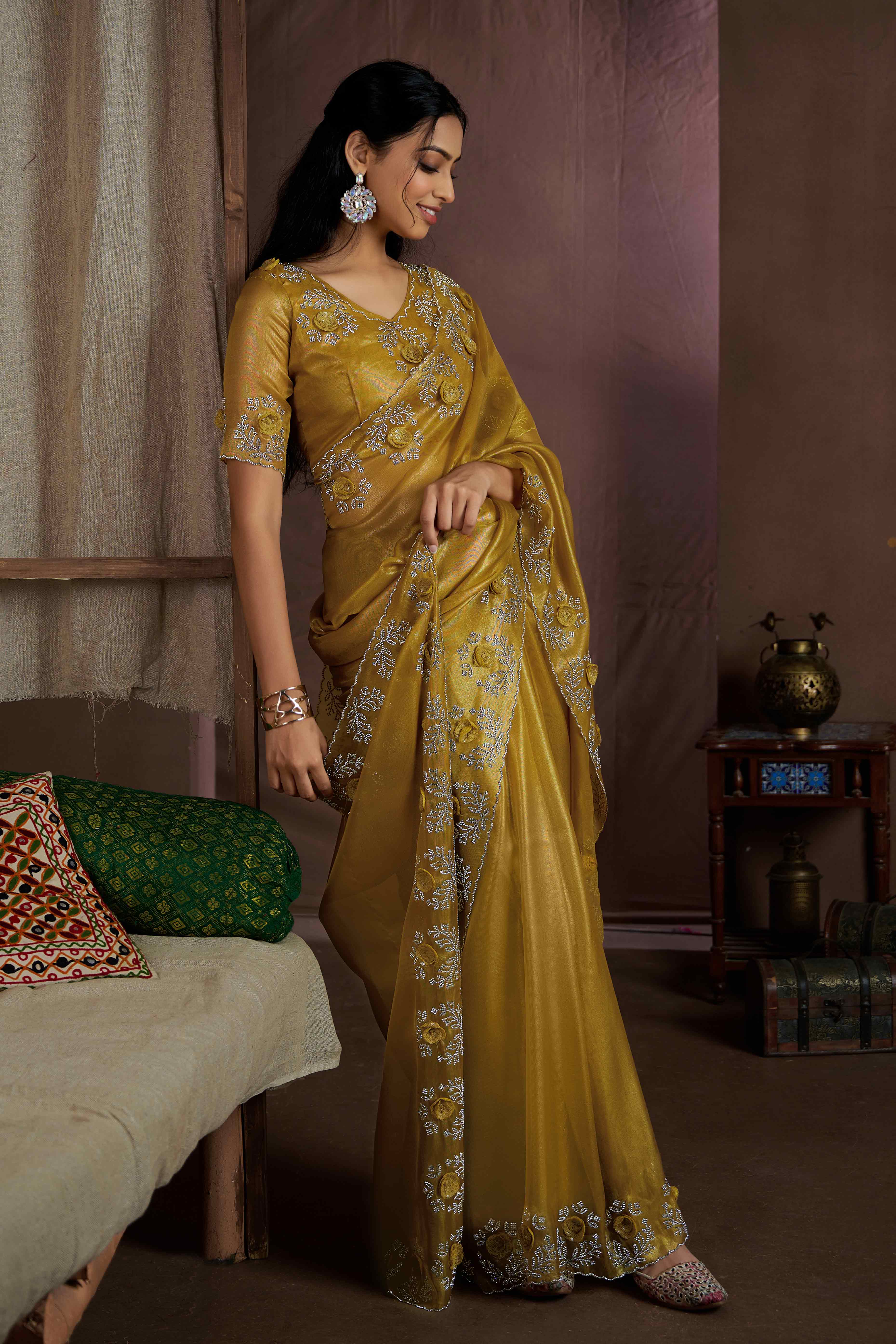 Mustard Floral Sequins With Zarkan Work Organza Saree