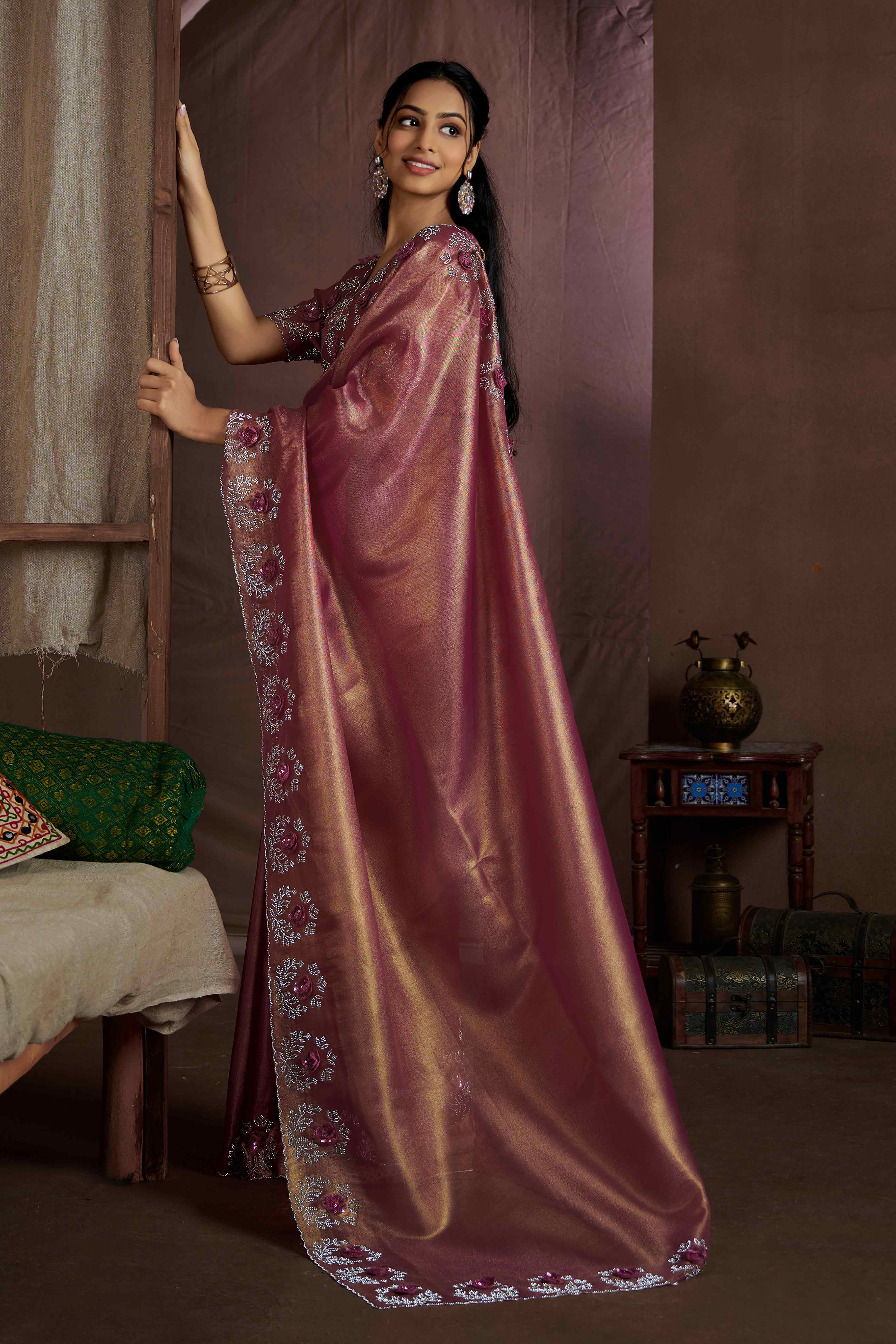 Onion Pink Floral Sequins With Zarkan Work Organza Saree