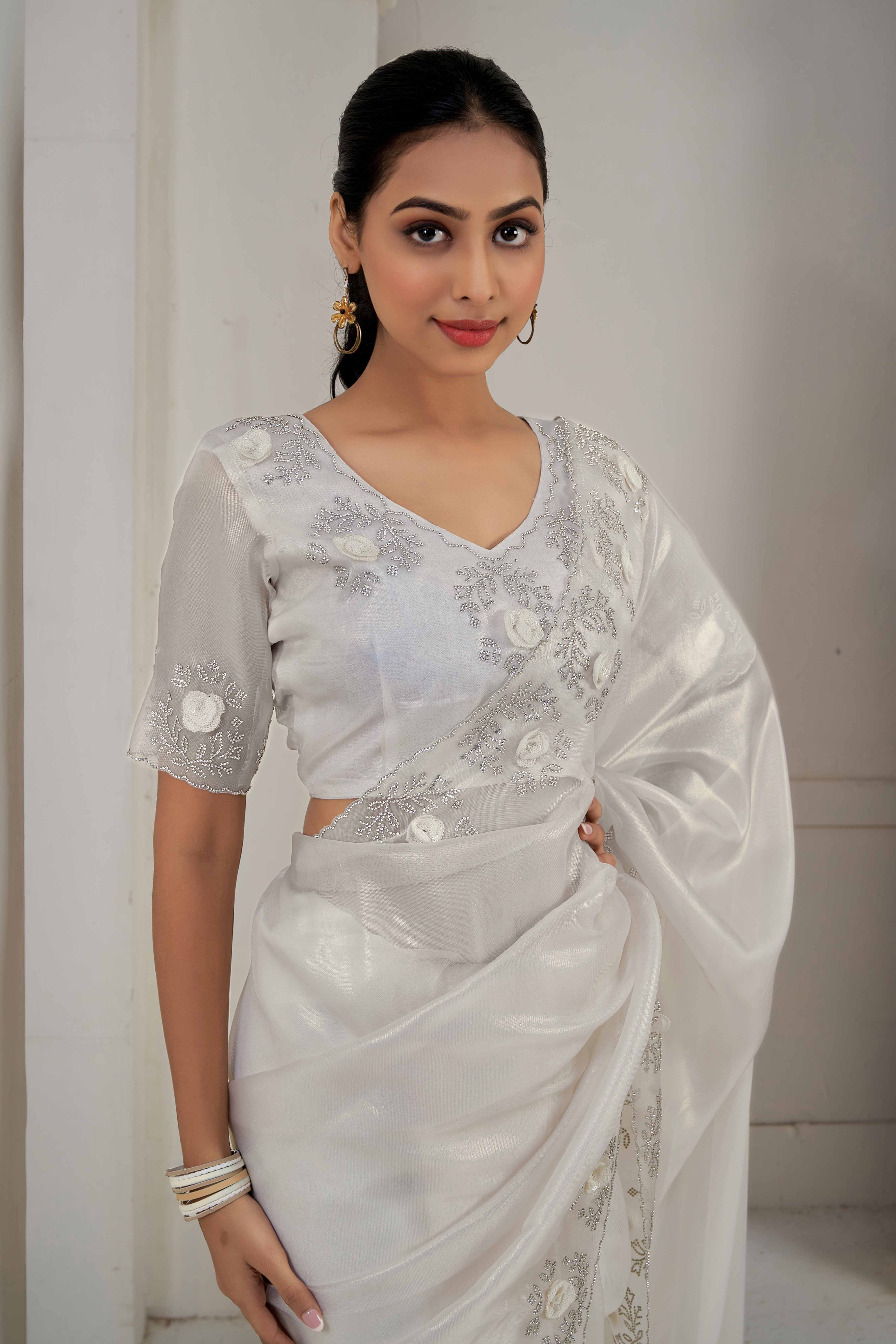 White Floral Sequins With Zarkan Work Organza Saree