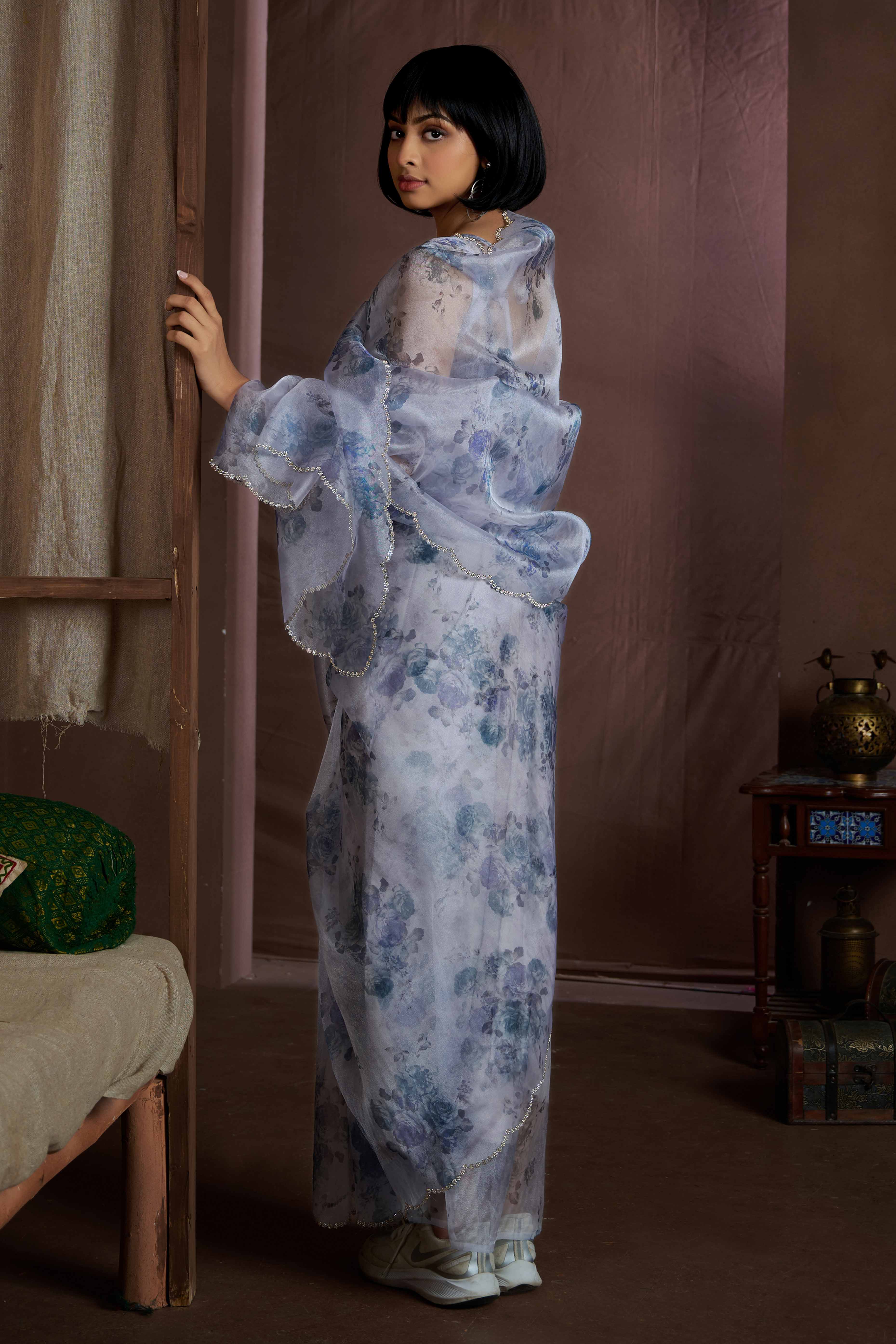 Blue Floral Printed Soft Organza Saree With Stone Work Border