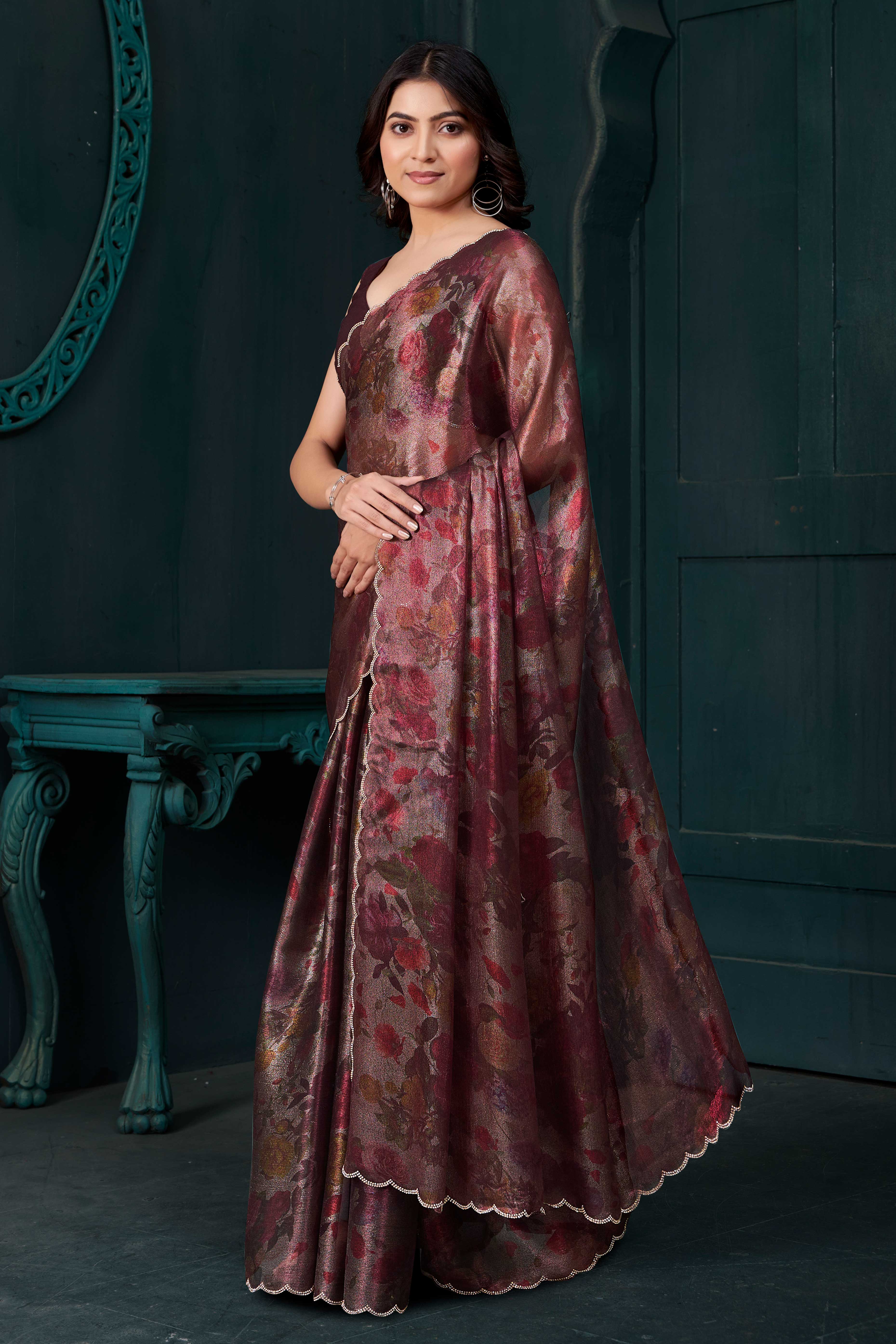 Maroon Partywear Saree in Smooth Chiffon Silk with Contemporary Floral Prints