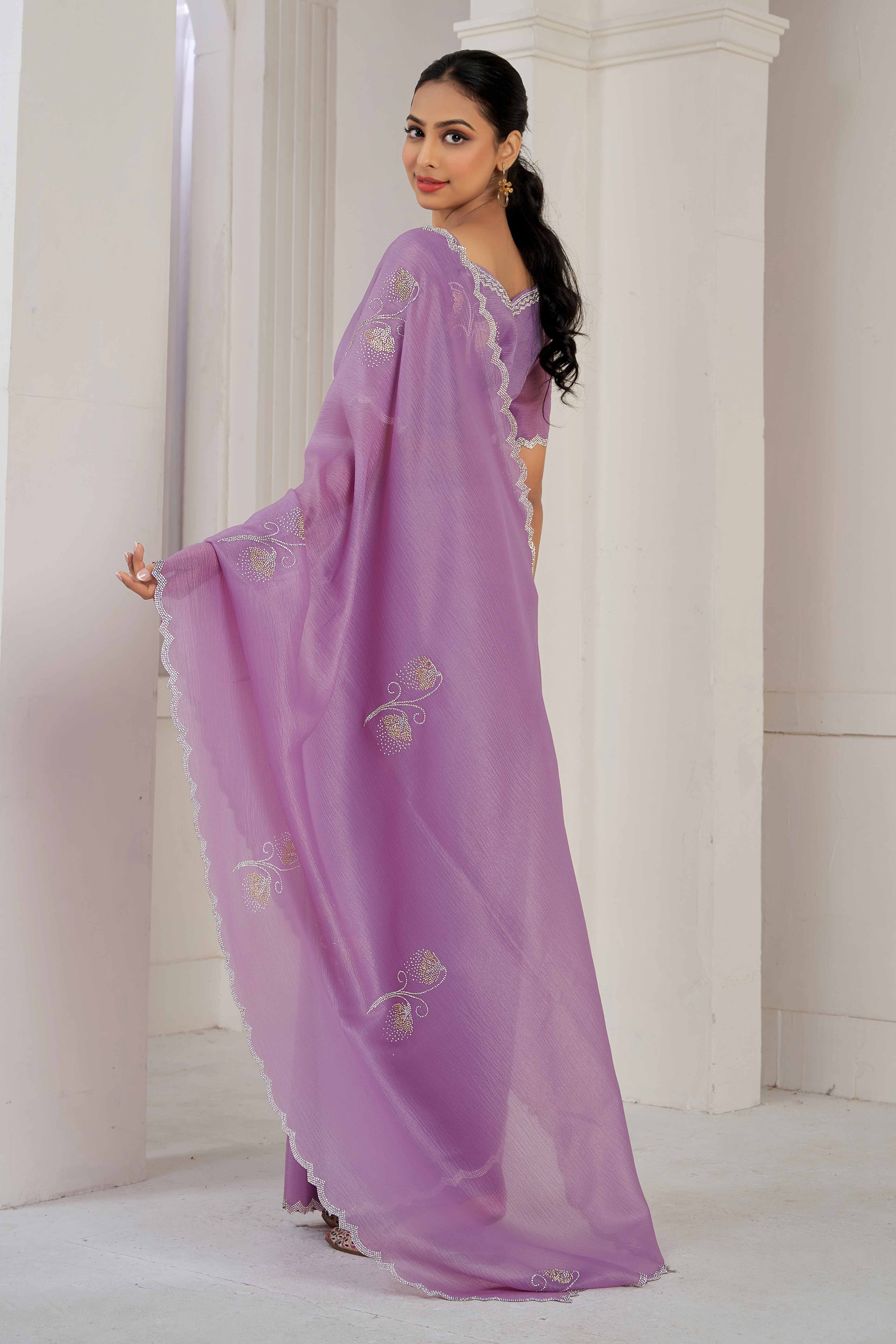 Purple Stone Work Embroidered Crepe Silk Saree
