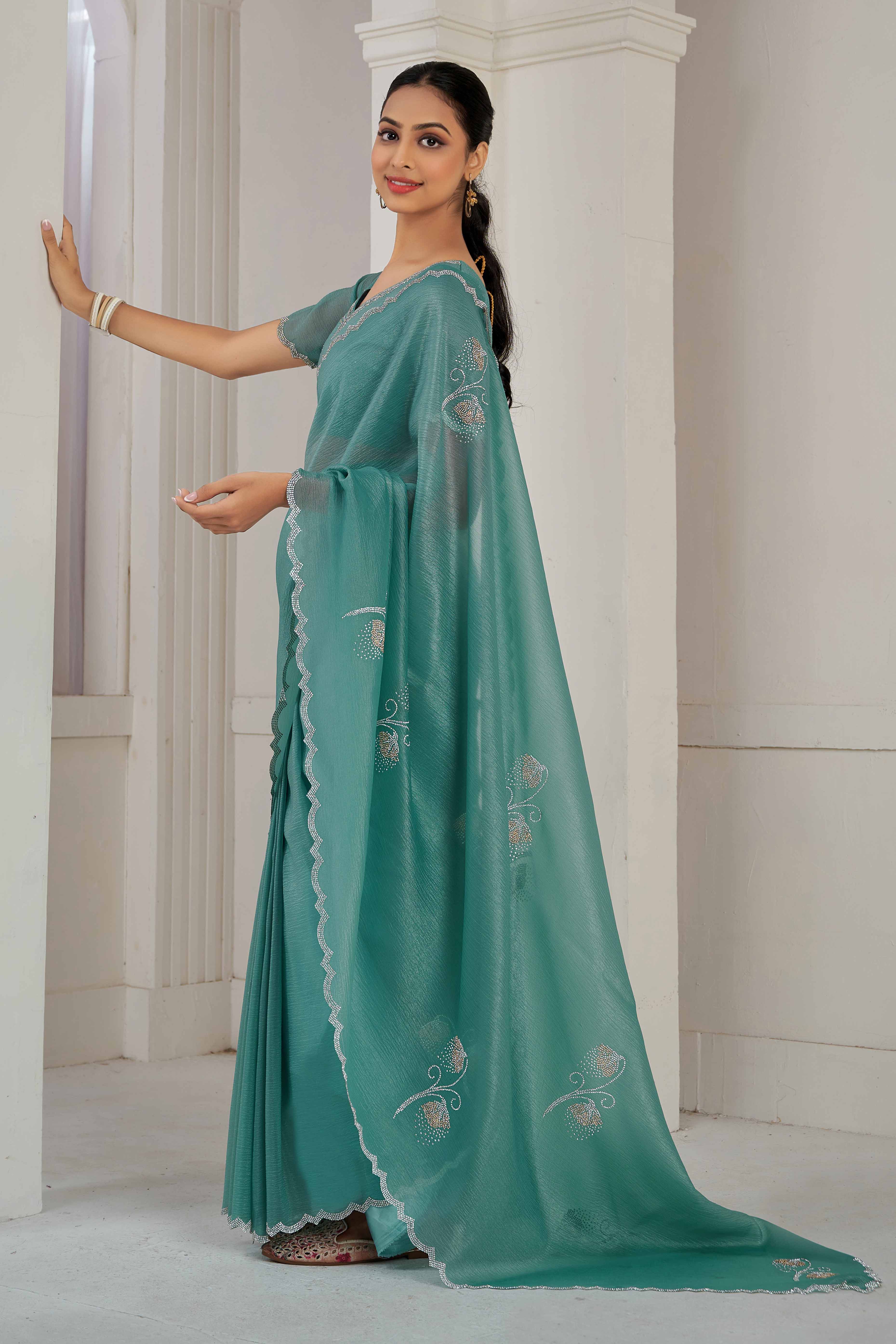 Teal Stone Work Embroidered Crepe Silk Saree