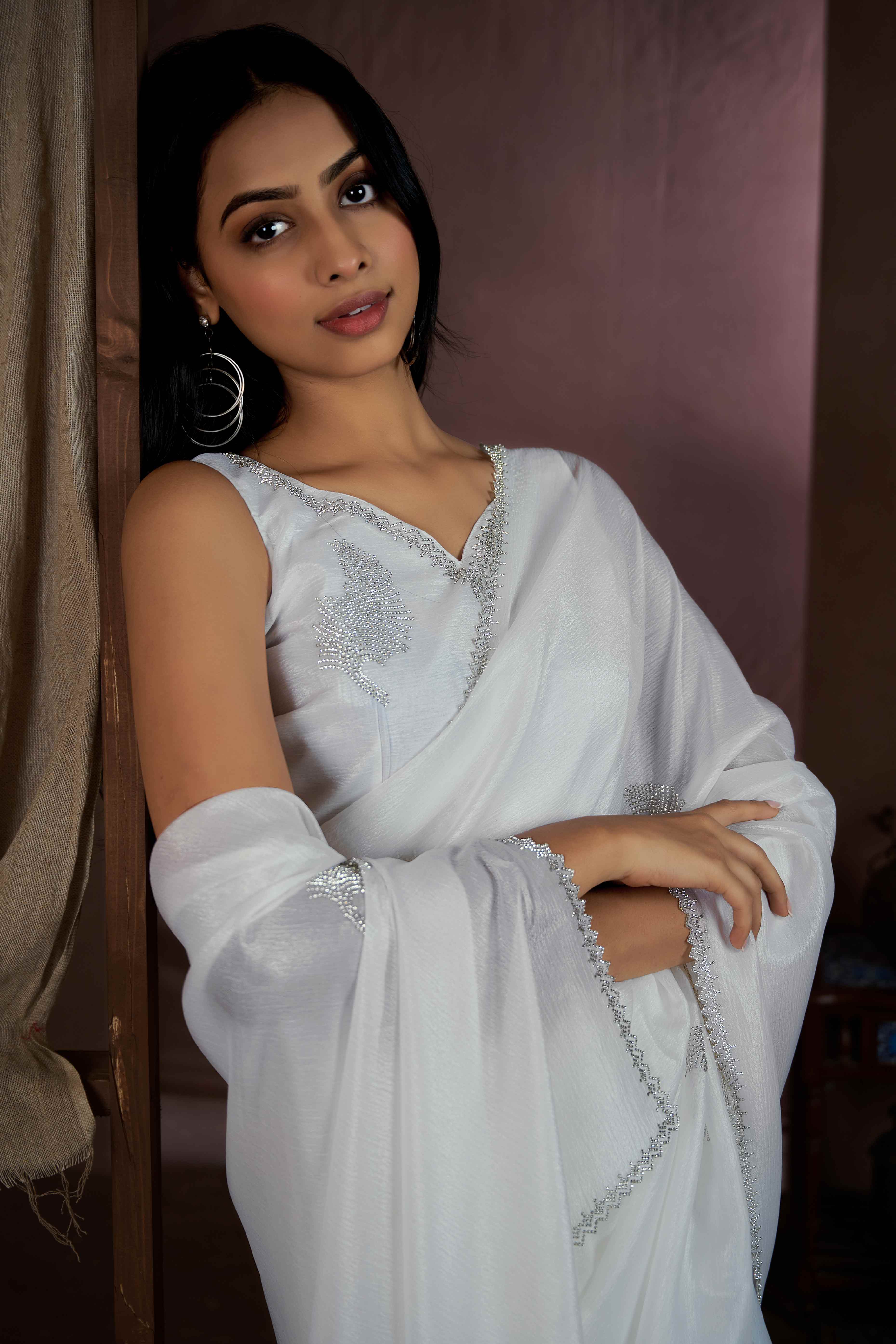White Stone Work Embroidered Pure Silk Saree