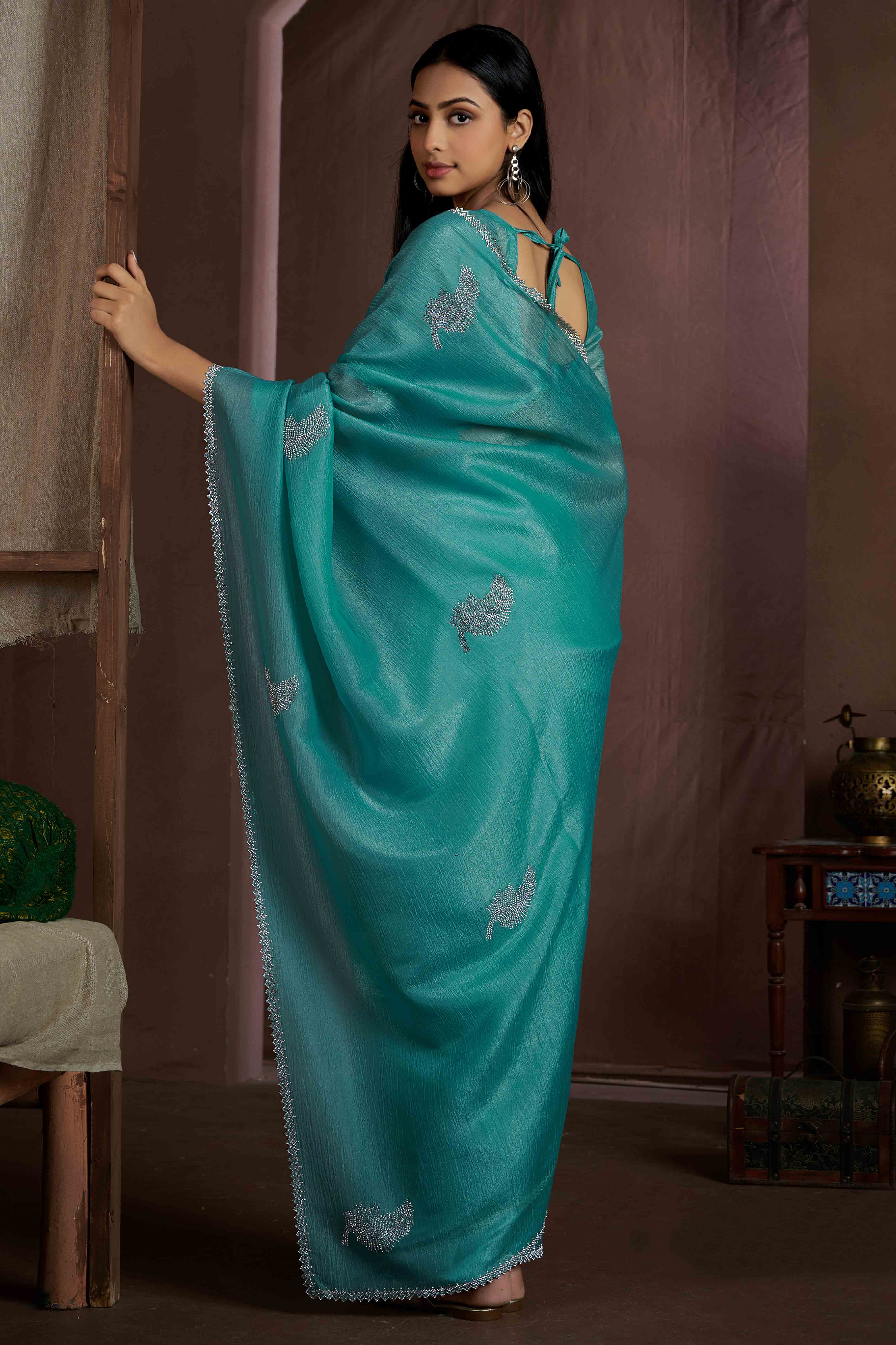 Teal Stone Work Embroidered Pure Silk Saree