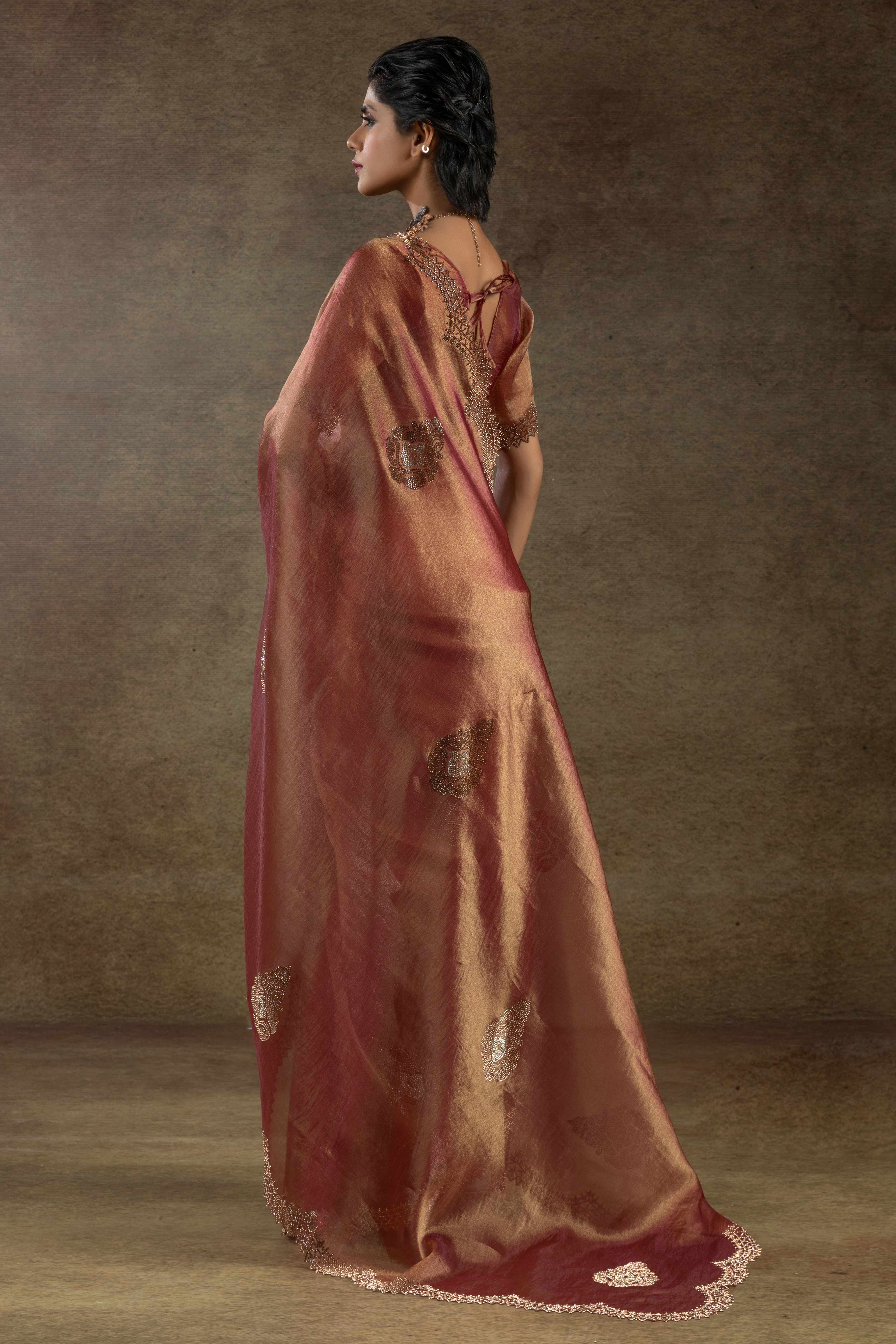 Peach Banarasi Silk Saree with Stone Embellishments Perfect for Party Wear