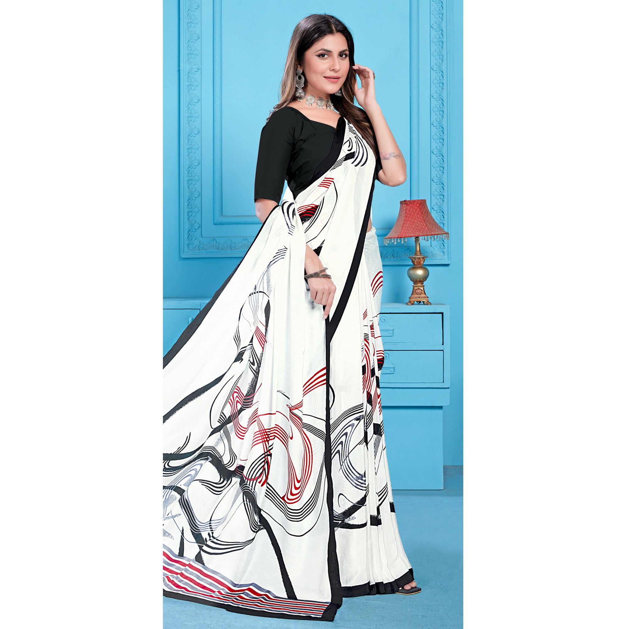 White Printed Crepe Silk Saree