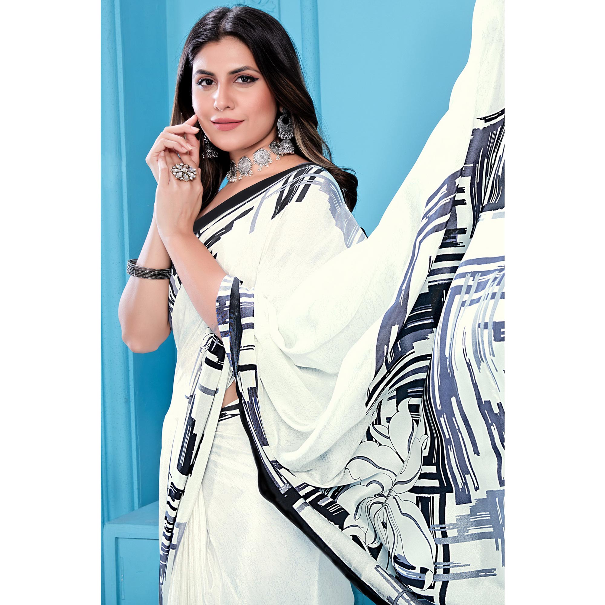 White Floral Printed Crepe Silk Saree