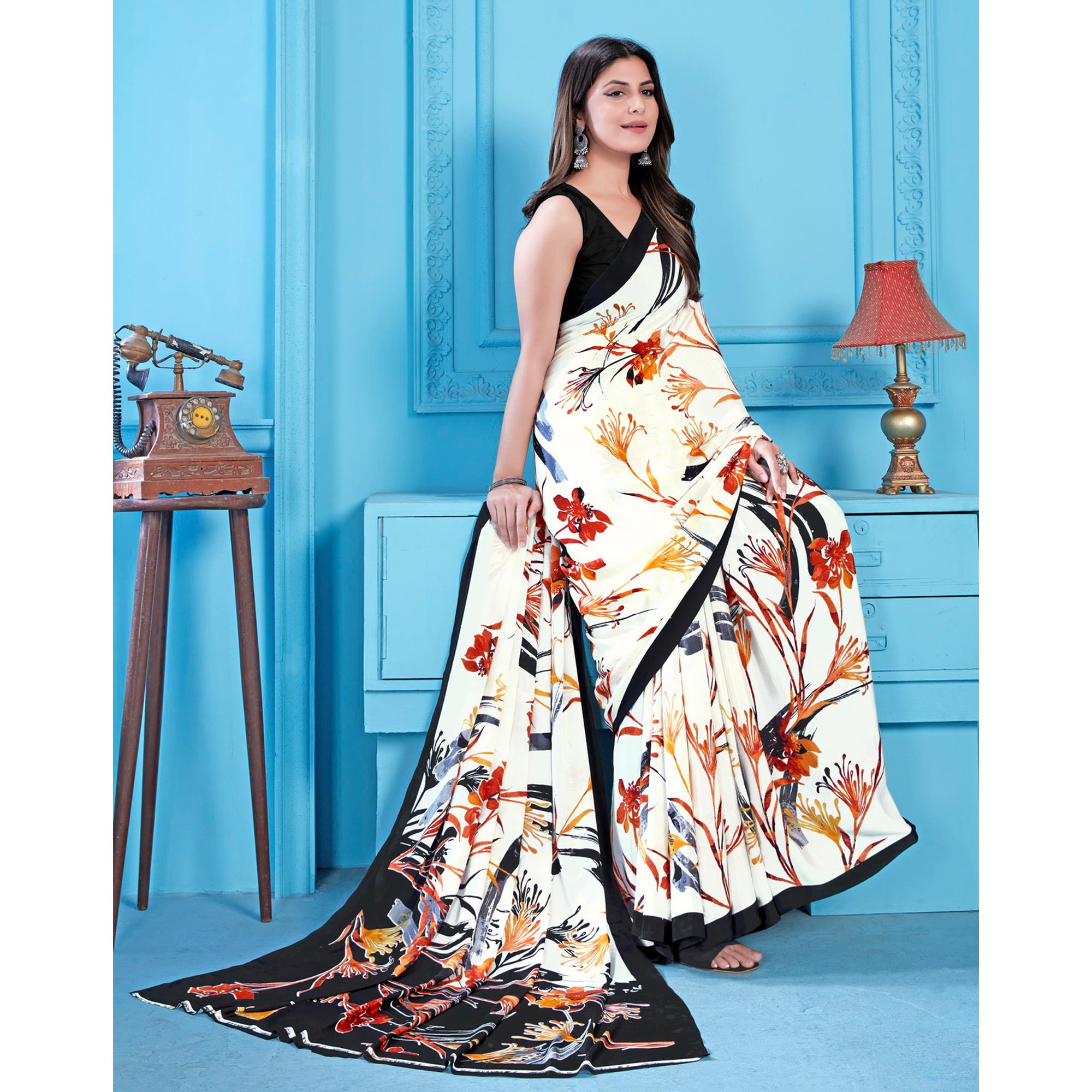 Off White Floral Printed Crepe Silk Saree
