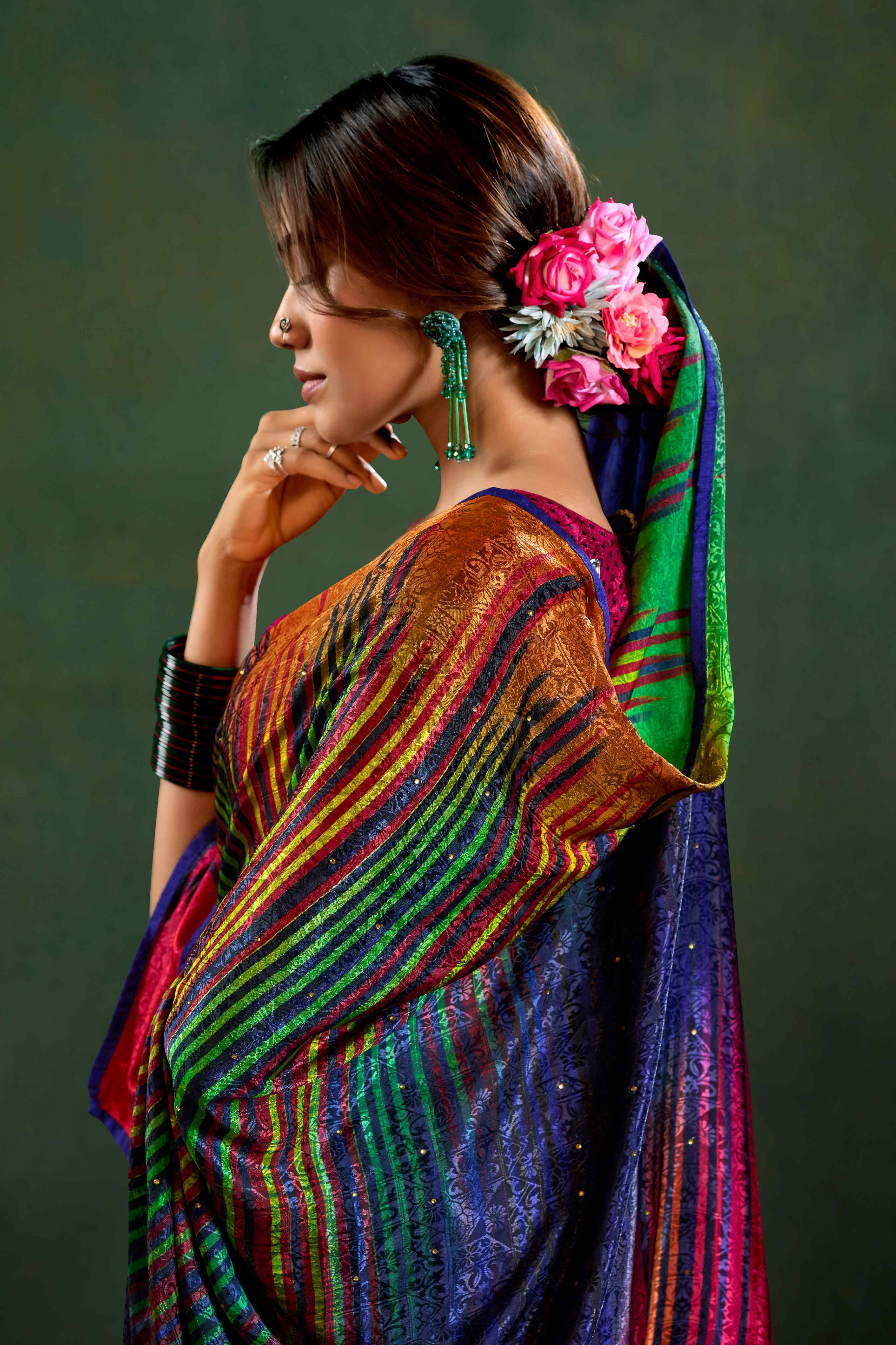 Multicolor Crepe Jacquard Saree with Vibrant Prints & Stone Work