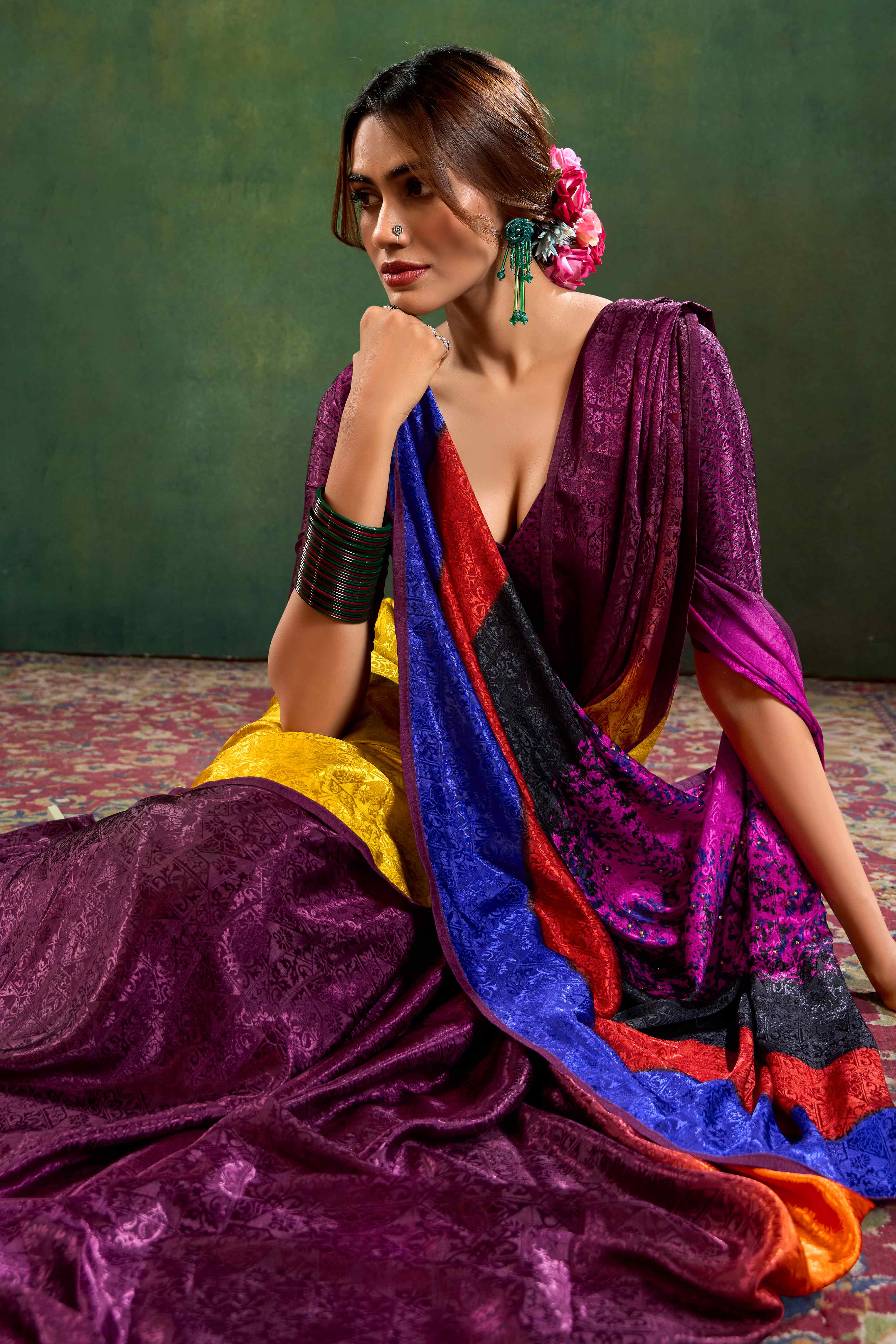 Wine Crepe Jacquard Saree with Vibrant Prints & Stone Work